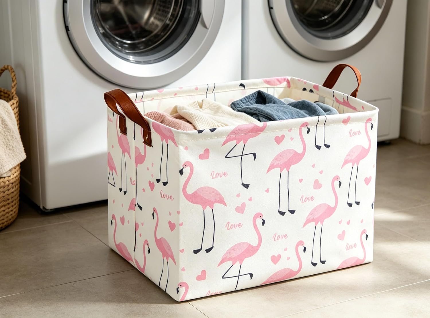 Flamingo Pink Basket Nursery Storage Basket Rectangular Cute Pattern Storage Bin Organizer Book Shelf Basket Flamingo Room Decor(Love Flamingo)