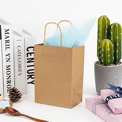 Miniatura 6 de Paquete de 100 bolsas de regalo de papel kraft marrón de 5.8 x 3.2 x 8.25 pulgadas con asas, bolsas naturales pequeñas y lisas a granel para