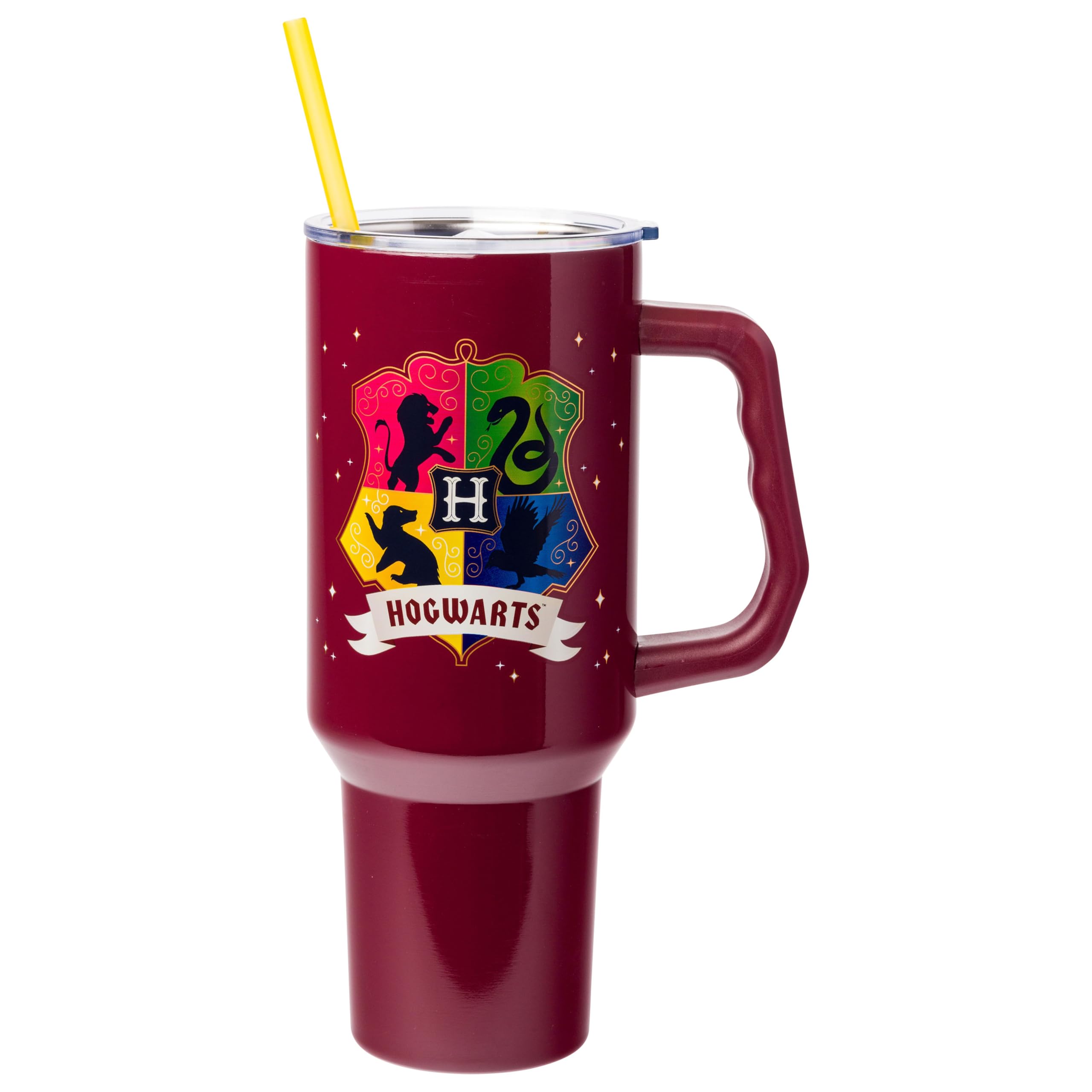 Silver Buffalo Harry Potter Hogwarts House Crest Featuring Gryffindor, Ravenclaw, Slytherin, and Hufflepuff Stainless Steel Tumbler with Handle and Straw, Fits in Standard Cup Holder, 40 Ounces