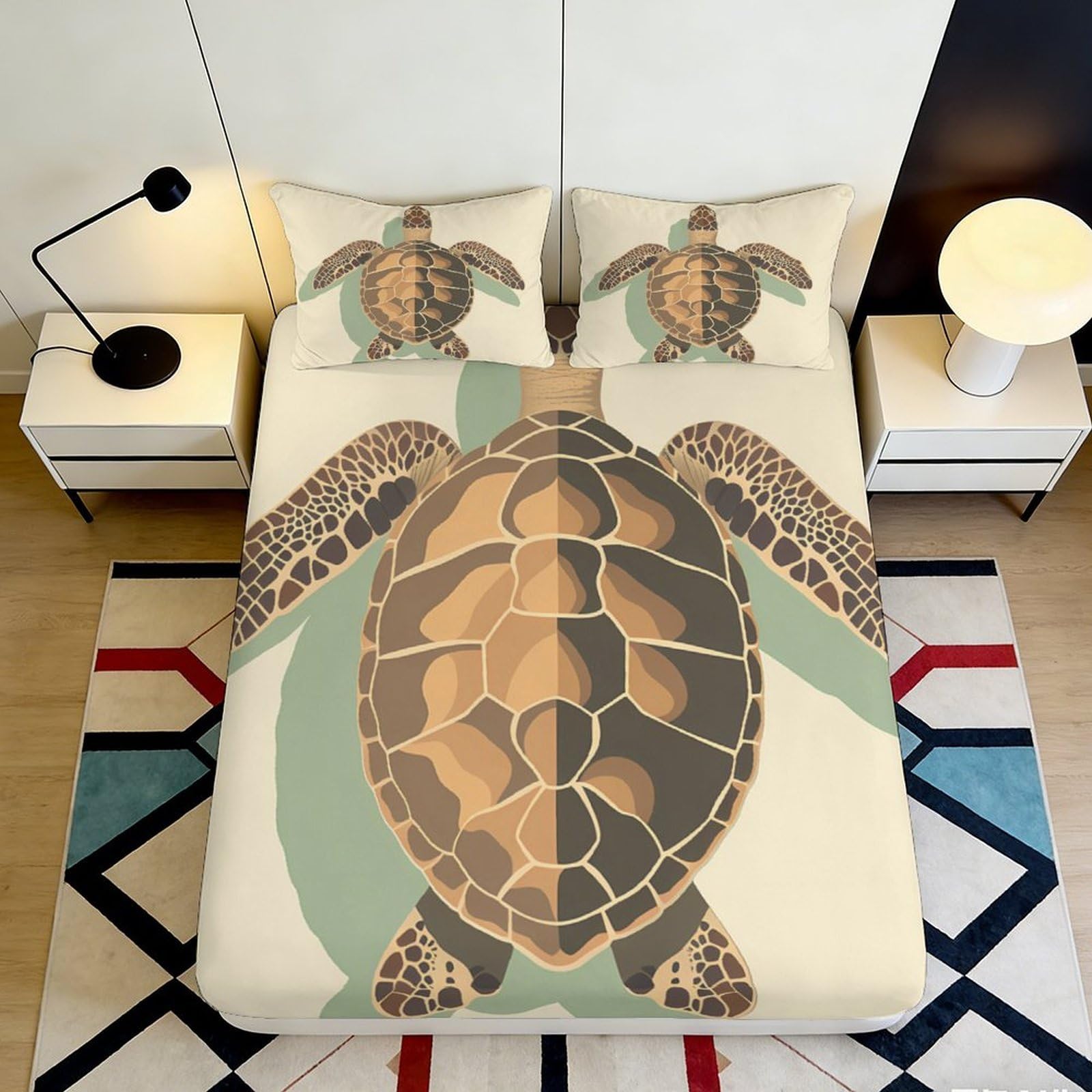 3D Printed Sea Turtle Fitted Sheet, Microfiber Soft Touch Bed Cover, Wrinkle Resistant, Home Decor, Guest Room Apartment Bedding, Easy Care, Anti-Slip, Beige Green 140x200x25cm