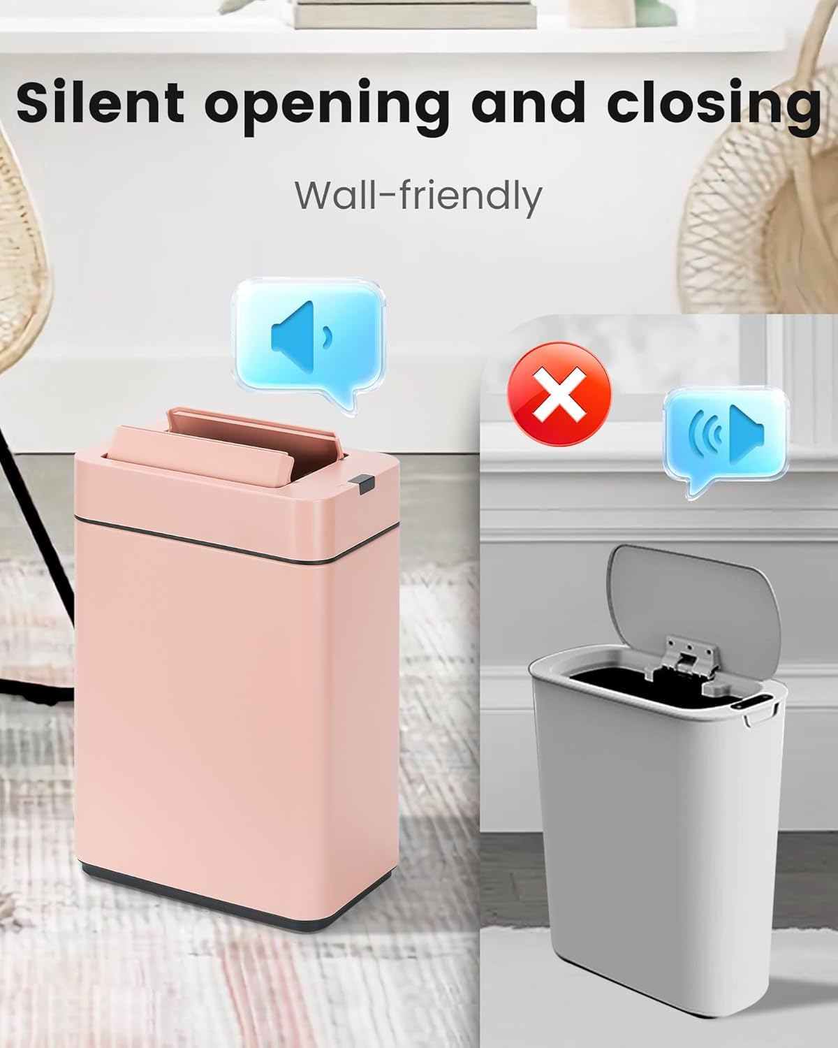 ELPHECO Bathroom Trash Can with Lid 2.6 Gallon Smart Trash Can Slim Motion Sensor Garbage Can Automatic Stainless Steel Wastebasket Bathroom Decor for Bedroom Office Toilet Pink