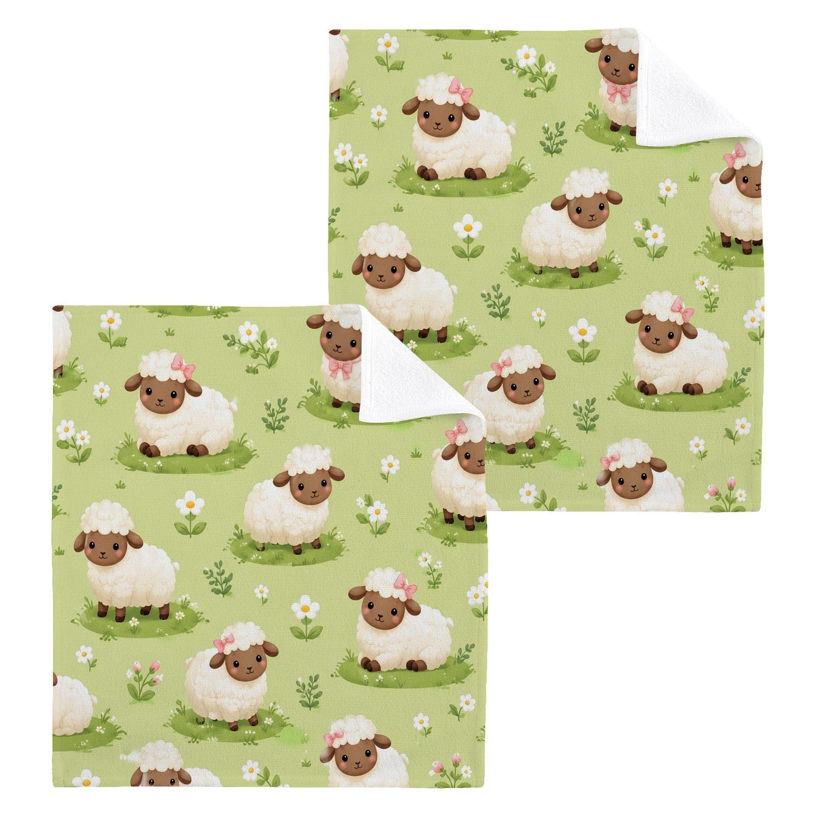 BOESI Meadow Sheep 12x12in Cotton Washcloth,Soft Absorbent Face Towel