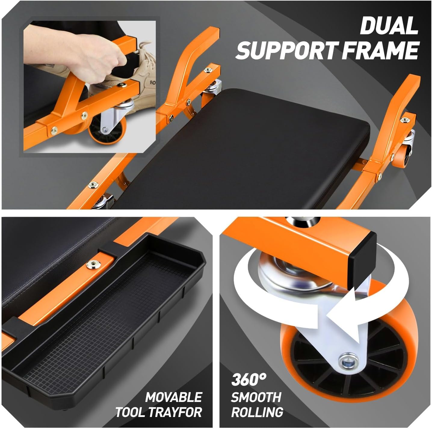 DNA MOTORING TOOLS-00272 Rolling Car Creeper with 3-leves Adjustable Headrest & 6 Casters,300lbs Max Weight Capacity,Orange