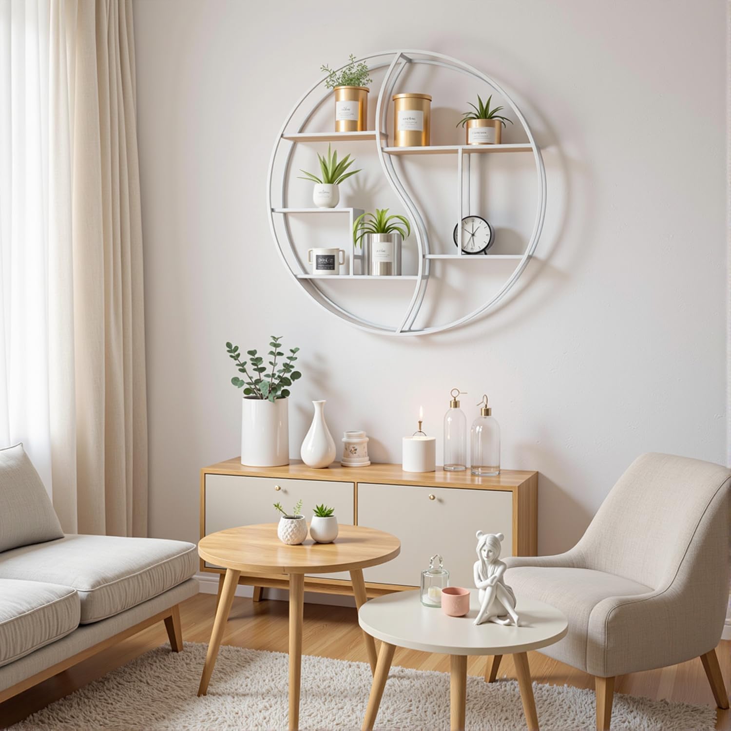 Round Wall Shelf,24 inch Metal Circle Wood Floating Shelves,Rustic White Wall Mounted Display Organizer Shelf for Fireplace,Living Room,Bathroom