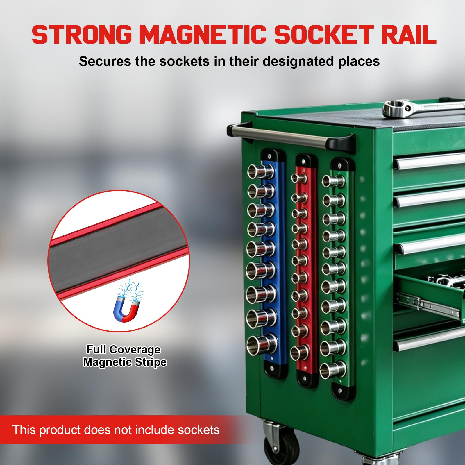 organizer magnetico in alluminio per bussole – Guide da 1/4", 3/8", 1/2" con clip removibili girevoli a 360° (9) | Alluminio, 360° clip girevoli, organizer per cassetta attrezzi, per 120 bussole, per chiave a cricchetto, portalame magnetico