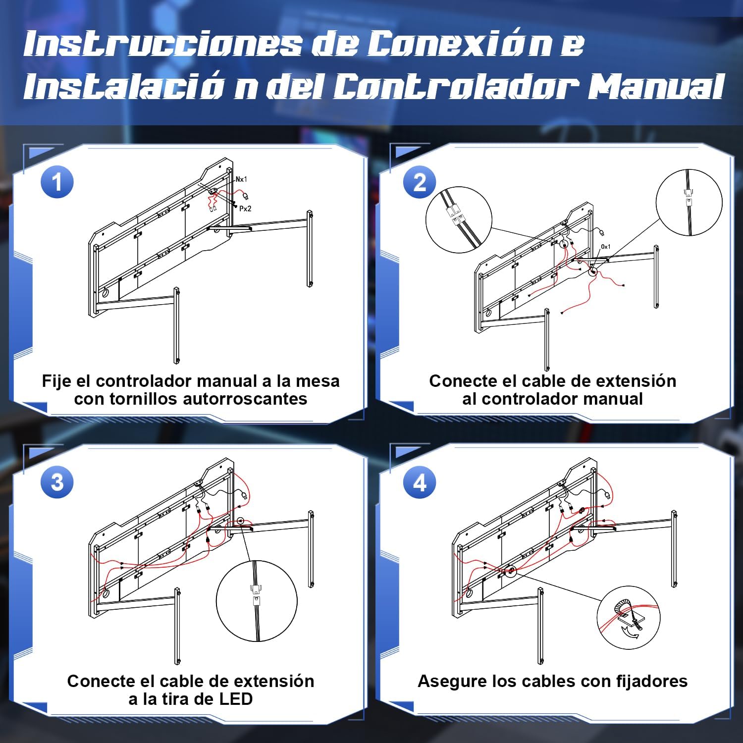 Diagram showing the steps to connect and install the manual LED controller for the gaming desk. Step 1: Fix the manual controller to the table with self-tapping screws. Step 2: Connect the extension cable to the manual controller. Step 3: Connect the extension cable to the LED strip. Step 4: Secure the cables with fasteners.