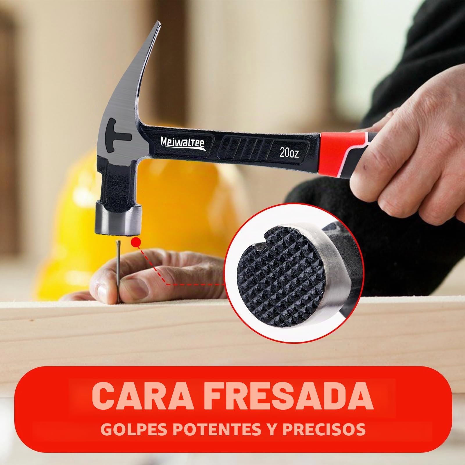 Martillo de Carpintero Recto con Soporte Magnético Para Clavos, Superficie Fresada y Mango que Absorbe los Golpes, Martillo de Garra con Forma Ergonómica-850 g de Peso
