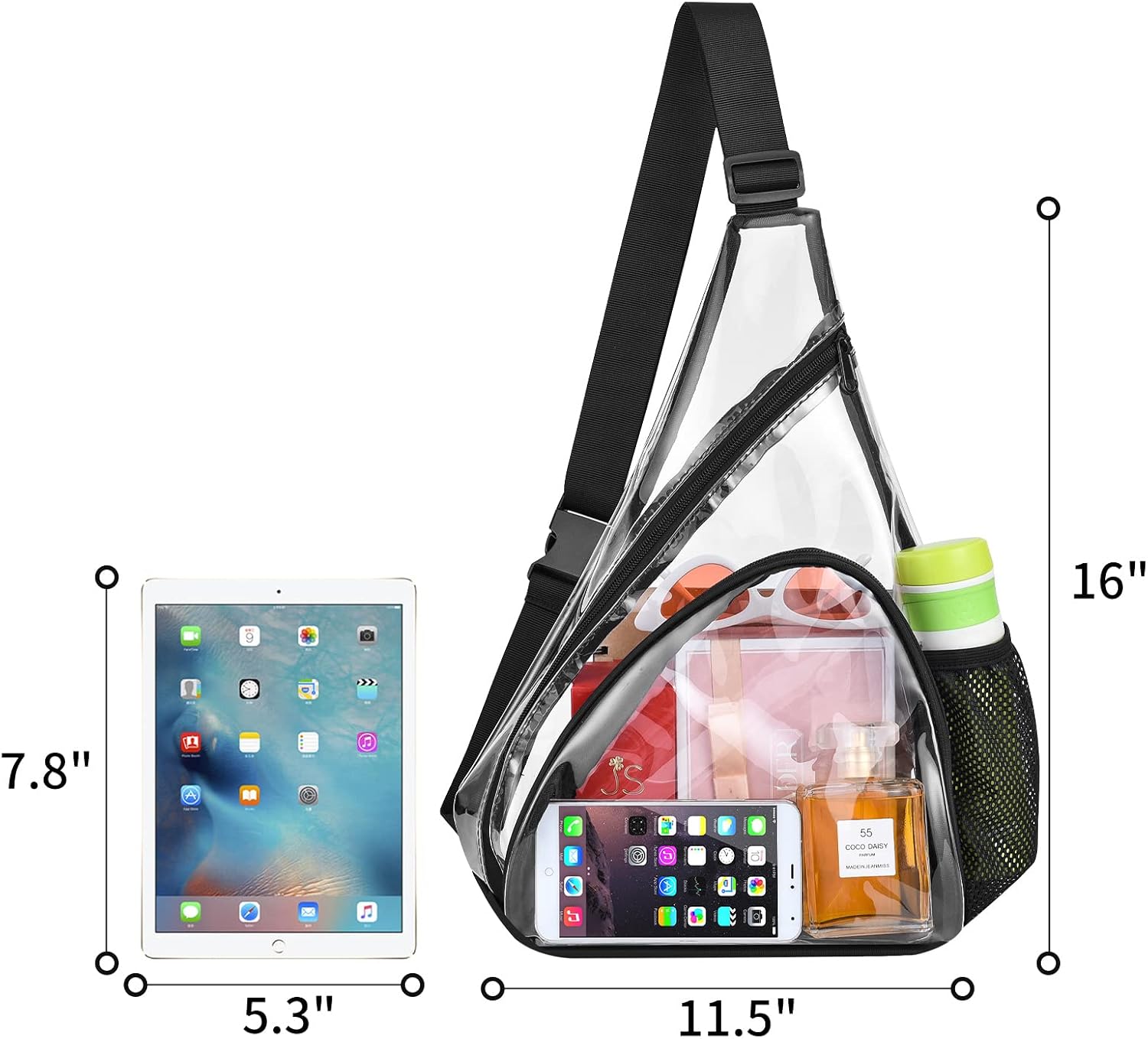 Clear Sling Bag Transparent Shoulder Cross body Backpack Perfect for Work Travel Stadium and Concerts Black