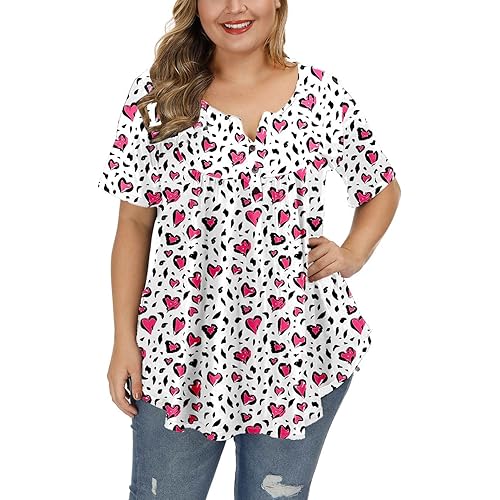 ALLEGRACE Women's Plus Size Summer Blouses Henley V Neck Button Up Tunic Tops Ruffle Flowy Short Sleeve T Shirts