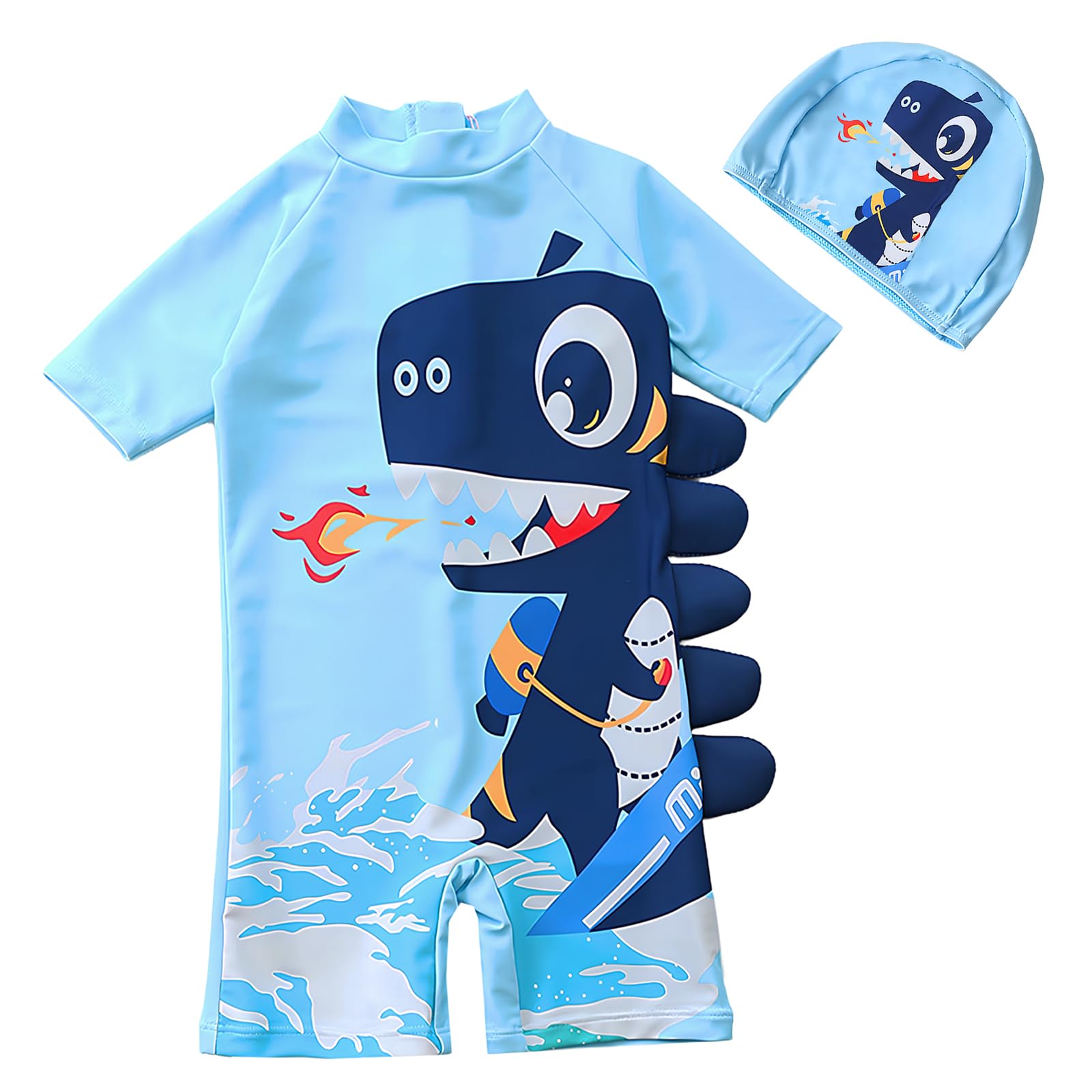 dellyy Bañadores de Una Pieza Niño UV 50+ con Gorra, Traje de Baño Niño de Manga Corta con Cremallera y Botones a Presión, Bañador Bebé Protección Solar para Playa y Piscina