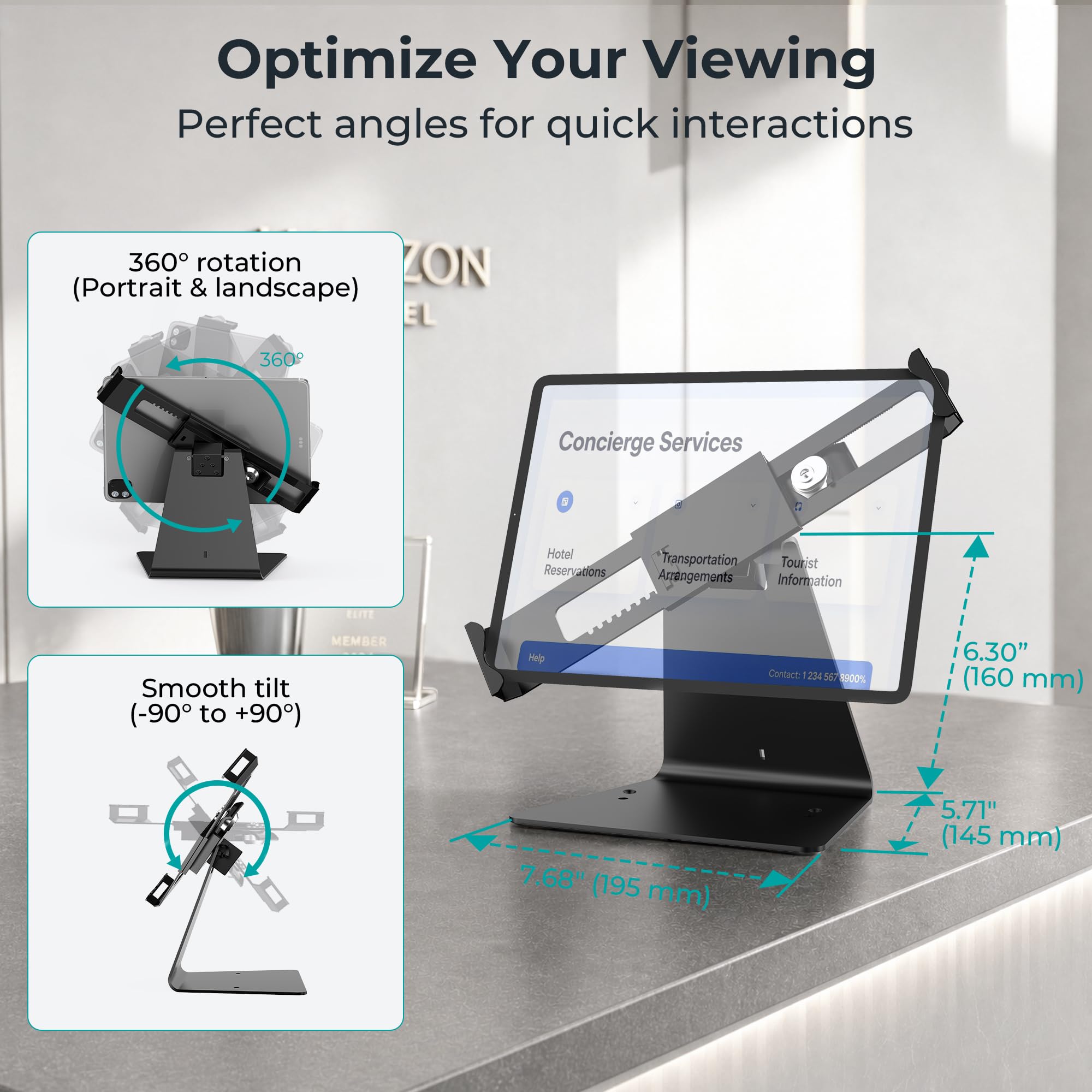 Soporte de escritorio antirrobo para quiosco de seguridad para la mayoría de iPad de 8 a 14 pulgadas, y para iPad de 10.2, 10.5, 11.9 y 11 pulgadas con cerradura y llave, giro y diseño, Negro