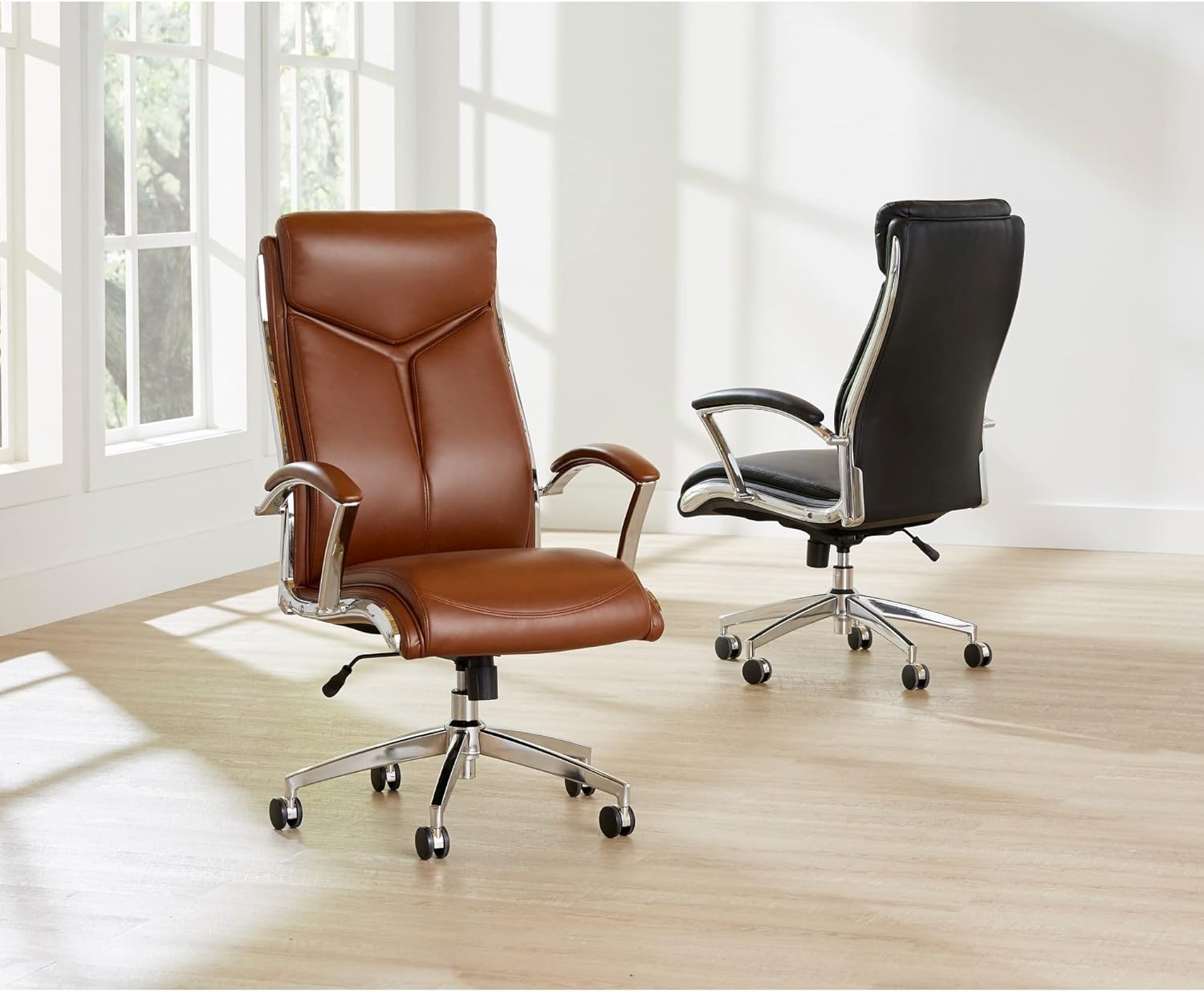 Realspace® - Chair - Modern Comfort Verismo Bonded Leather High-Back Executive Chair, Black/Chrome - 31" x 14" x 24.5"