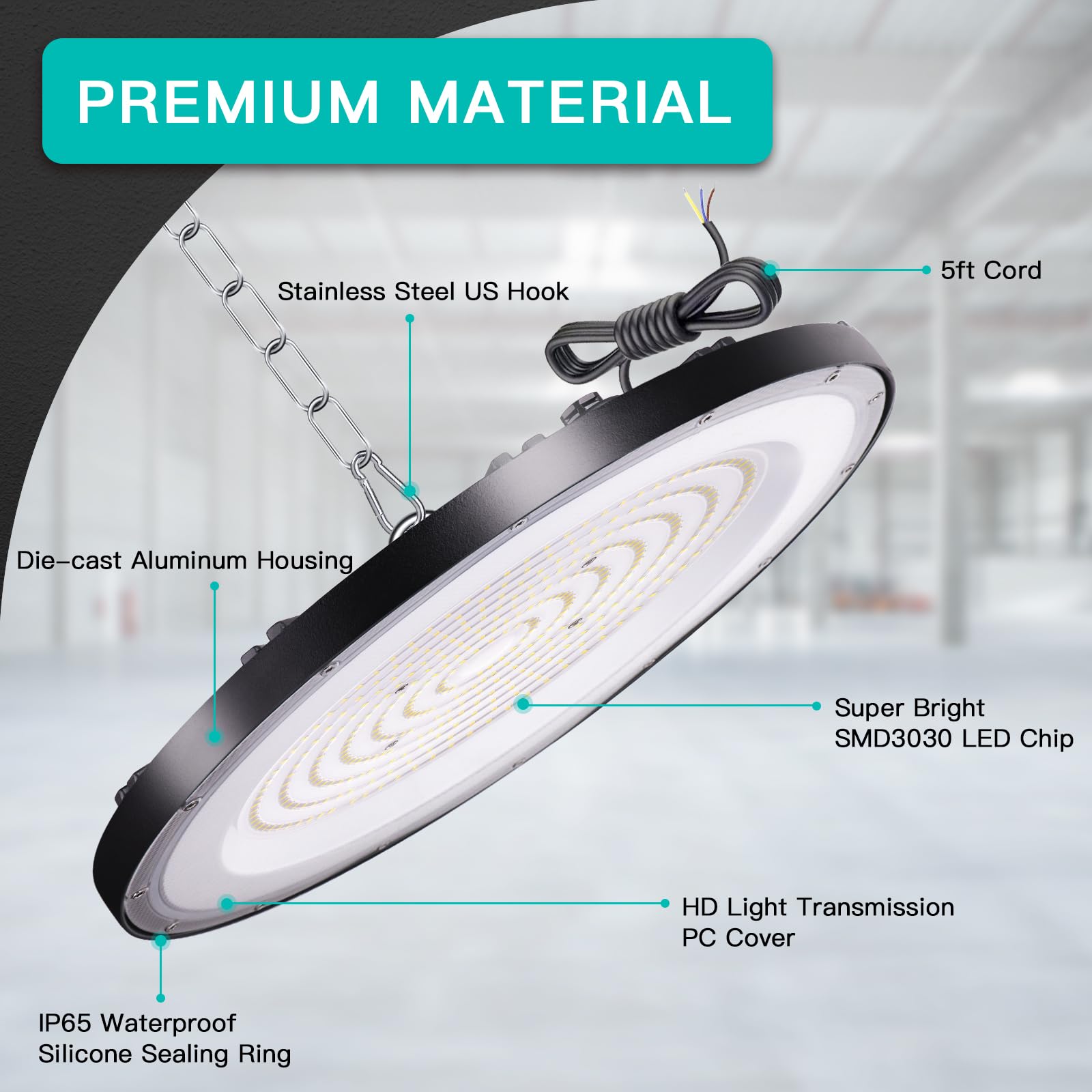 300 W UFO reflektor LED przemysłowy, oświetlenie warsztatowe o wysokiej zatoce 30000 lm lampa przemysłowa LED żyrandol wewnętrzny, lampa projektorowa do magazynu, garażu, fabryki, warsztatu