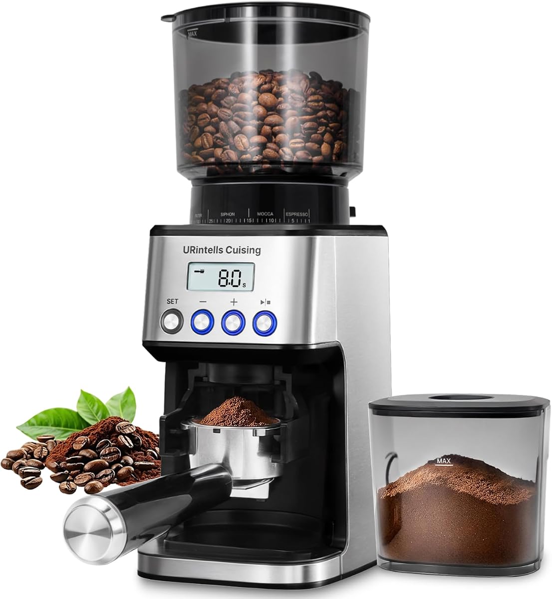 URintells Cuising Coffee Grinder, 51 Grind Setting & Conical Burr, Silver | 51-53mm & 58mm Portafilters Holder, Anti-Static Ground Bin, 0.1s Precision Dosing, Hands-Free Grinding, 12.3oz Bean Hopper