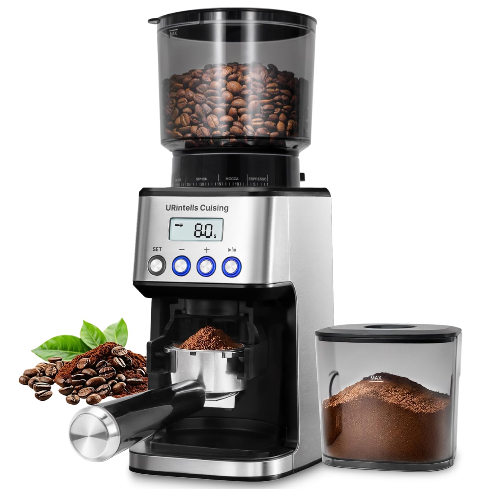 URintell młynek do espresso do gotowania, mielony młynek do kawy z 51 ustawieniami mielenia, precyzyjnym timerem, młynek do kawy ze stali nierdzewnej z łatwym czyszczeniem, antystatyczną konstrukcją i