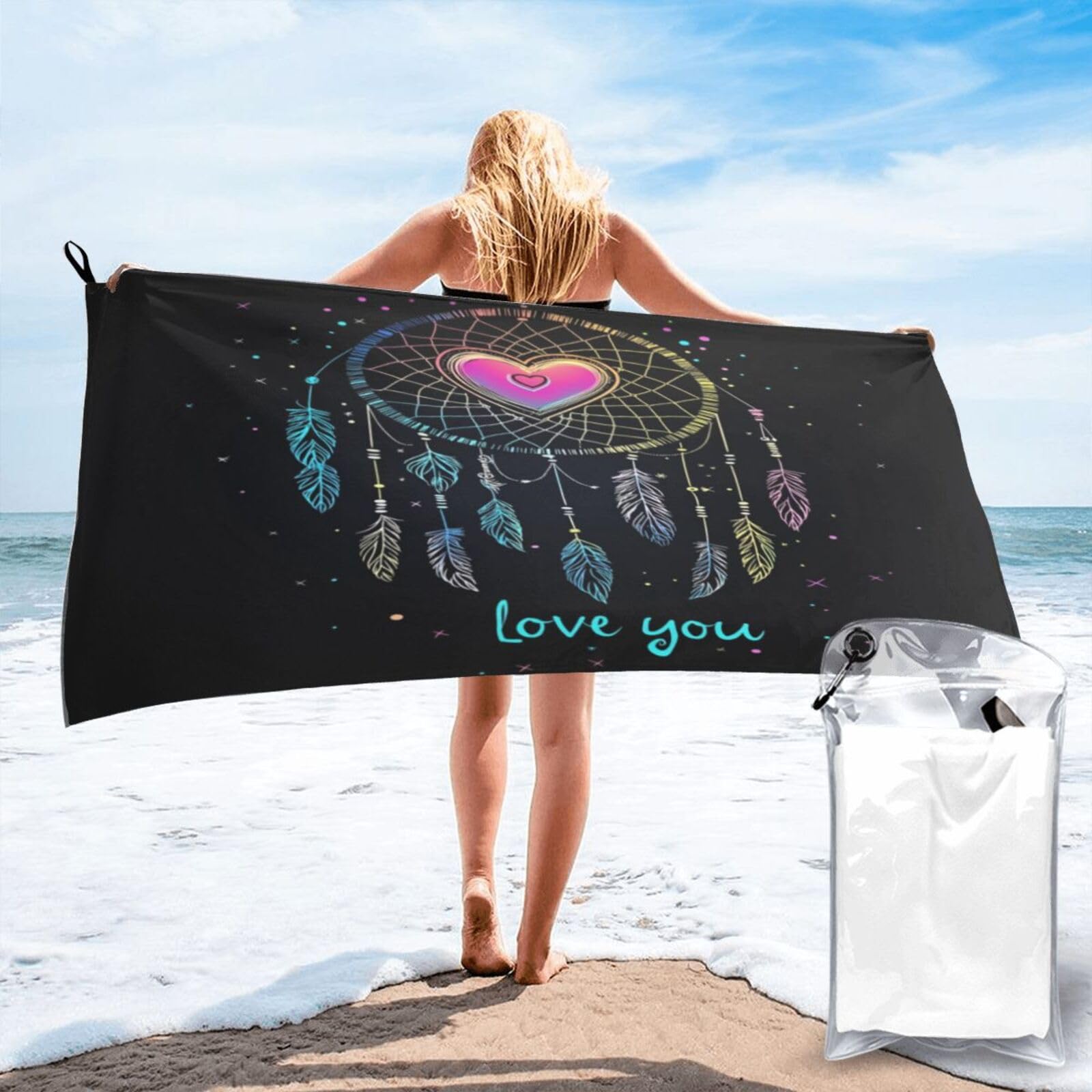 Anceky Dreamcatcher with Heart, Feathers, Text Love You Quick Dry Microfiber Travel Towel with Carry Case and Carabiner 27.5"X55"