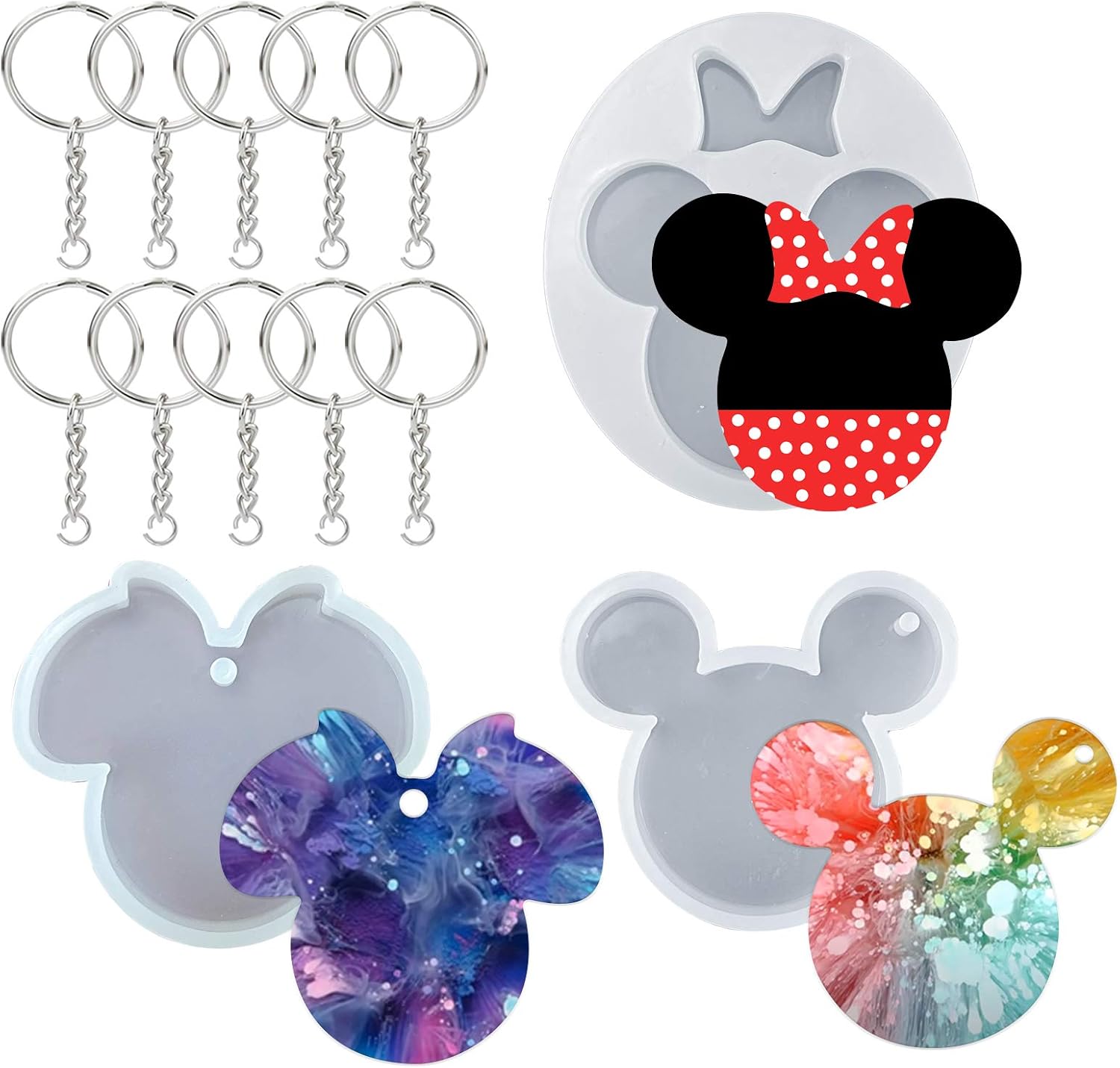 Palksky 3pcs Mouse Head Bow Shaped Keychain Resin Molds, Silicone Epoxy Casting Mold with 20Pcs Key Rings for DIY Crafts Pendant Pudding Crystal Cupcake Cake Topper Straw Topper Decoration