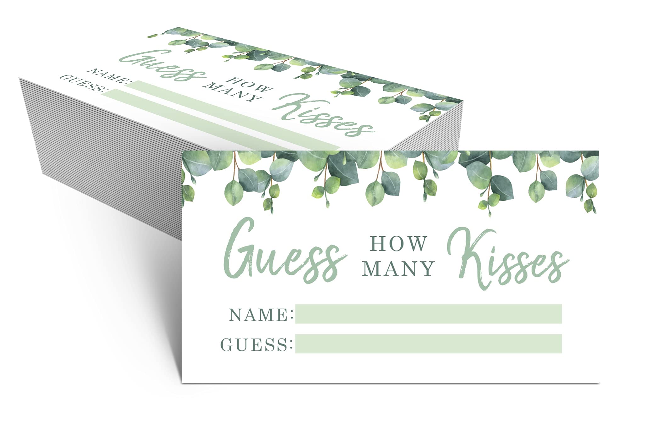 Your Main Event Prints50 Extra Eucalyptus How Many Kisses Game Cards Great For Bridal Showers and Weddings, Neutral Greenery Floral