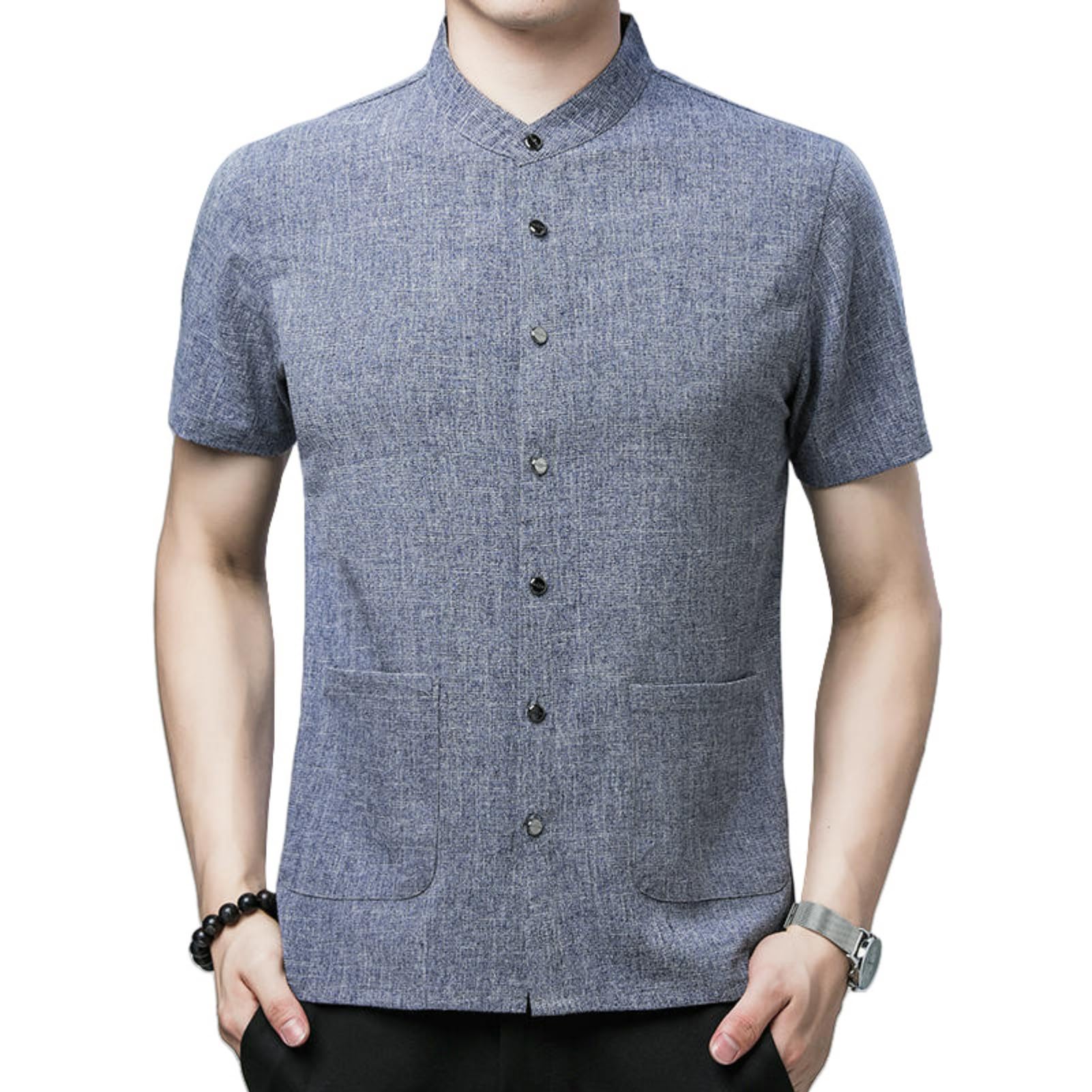 Camicia da uomo estiva in lino casual per tutti i giorni con tasca grande colletto alla coreana