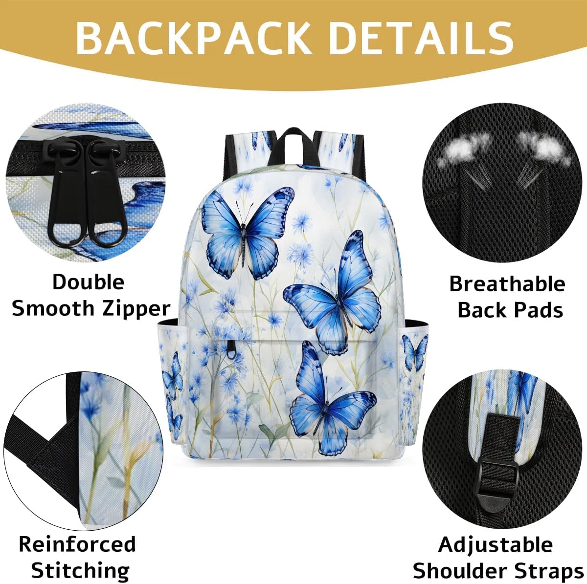 15.1 Inch Casual Backpack Blue Butterfly Small Backpack with Multiple Pocket Waterproof Mini Bags Daypack with Chest Strap Butterflies Travel Bag