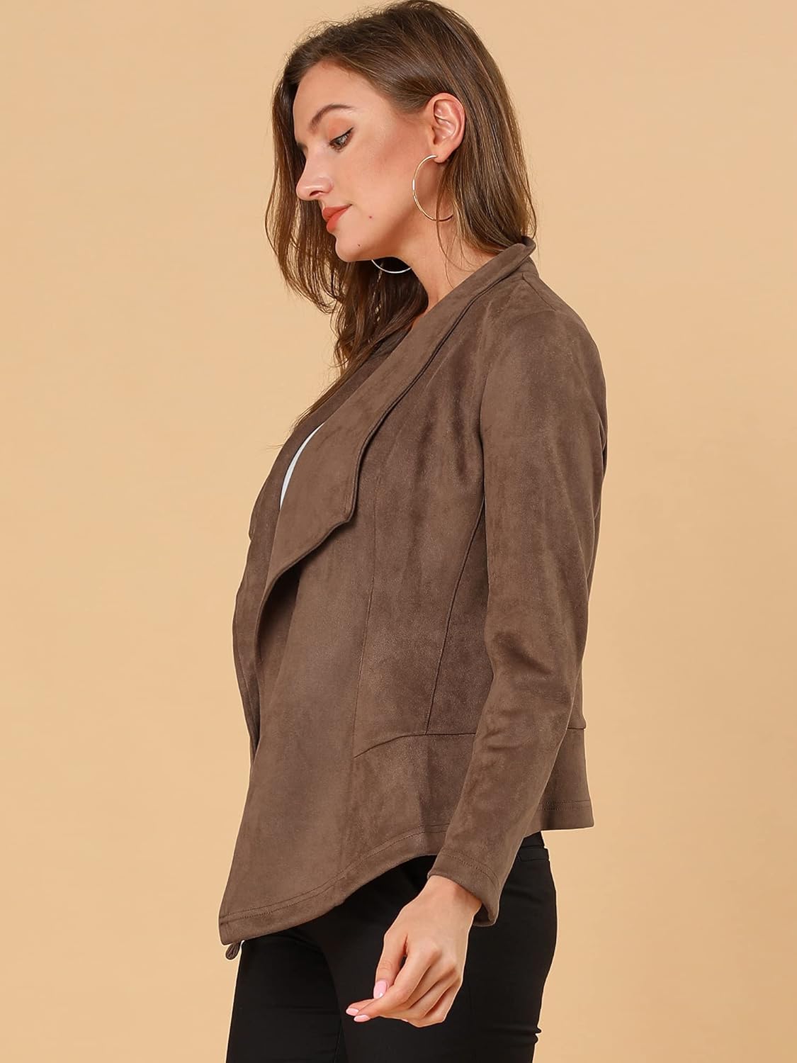Allegra K Women Faux Suede Jacket Lapel Draped Open Front Cardigan Casual Trendy Suede Blazer - Image 4