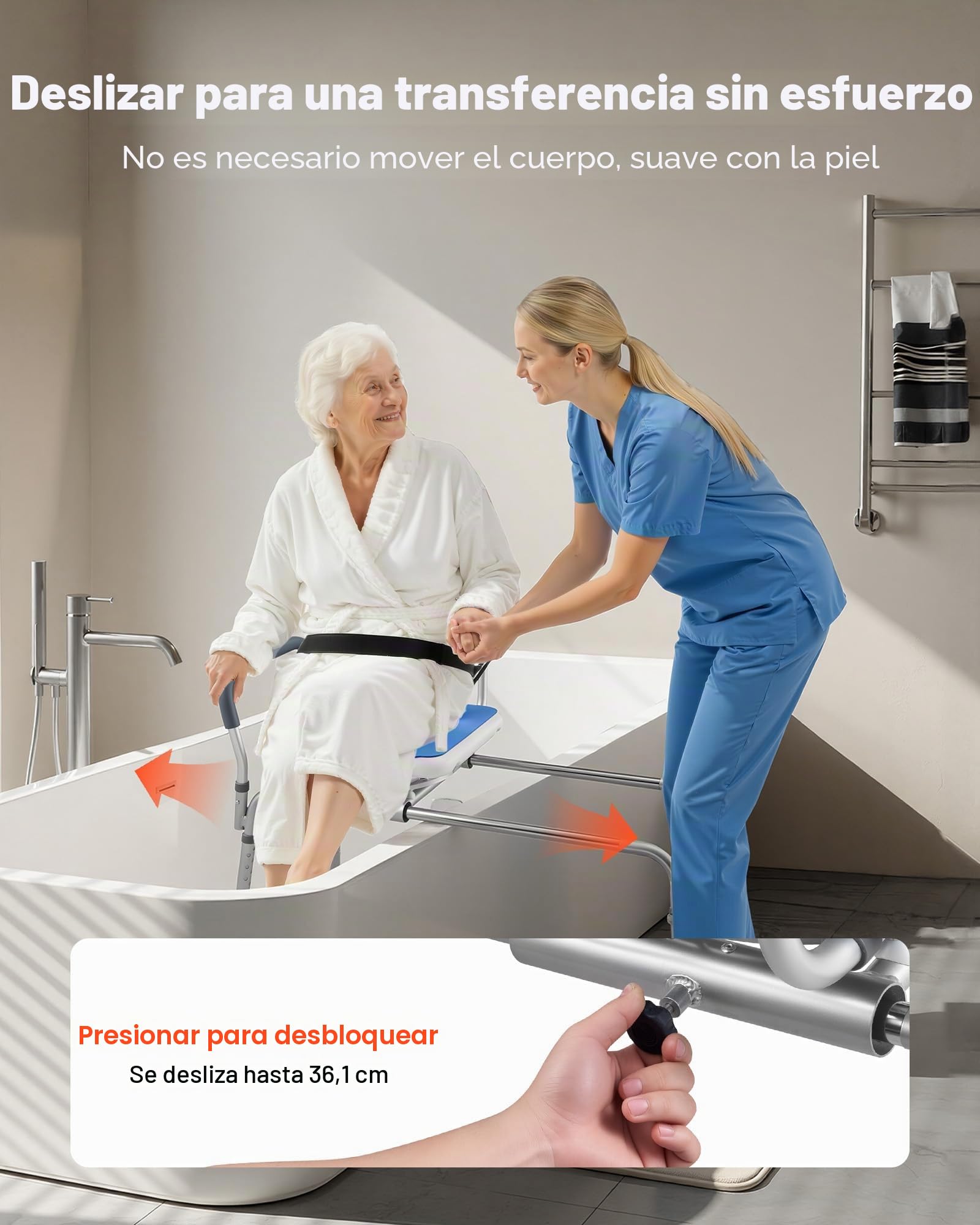 VEVOR Silla de Ducha con Asiento Giratorio, Asiento de Bañera Deslizante Carga de 180 kg, Banco de Transferencia de Bañera con Brazos y Respaldo, Ajuste de Altura 15 Niveles, para Personas Mayores