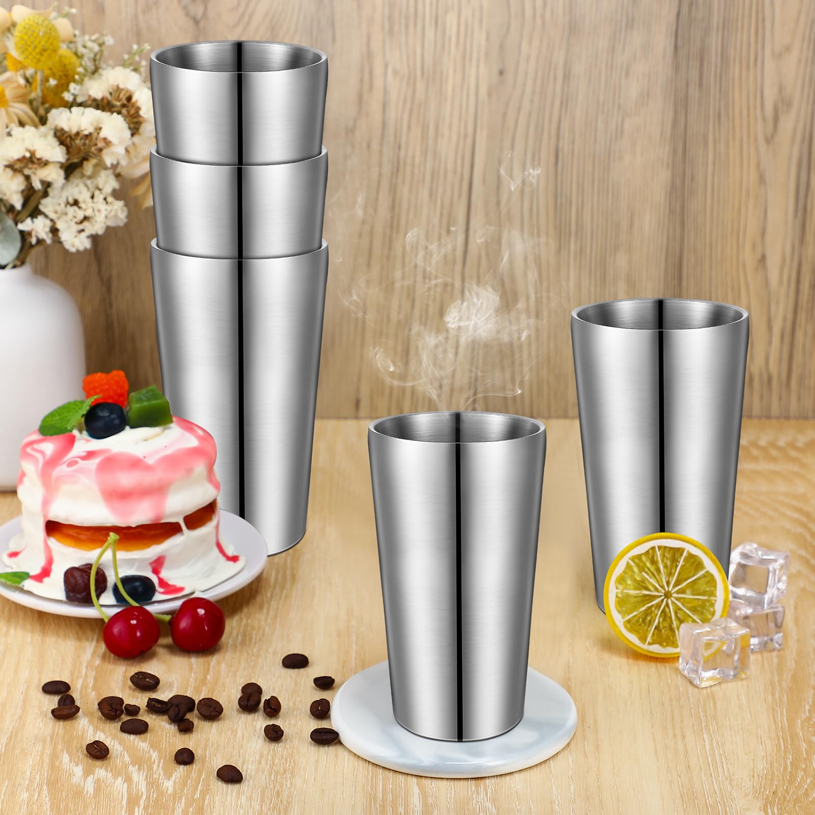 Mimorou Lot de 8 gobelets isothermes en acier inoxydable à double paroi – Verres réutilisables pour camping, barbecue, maison, bureau, fête, café (argenté, 530 ml)