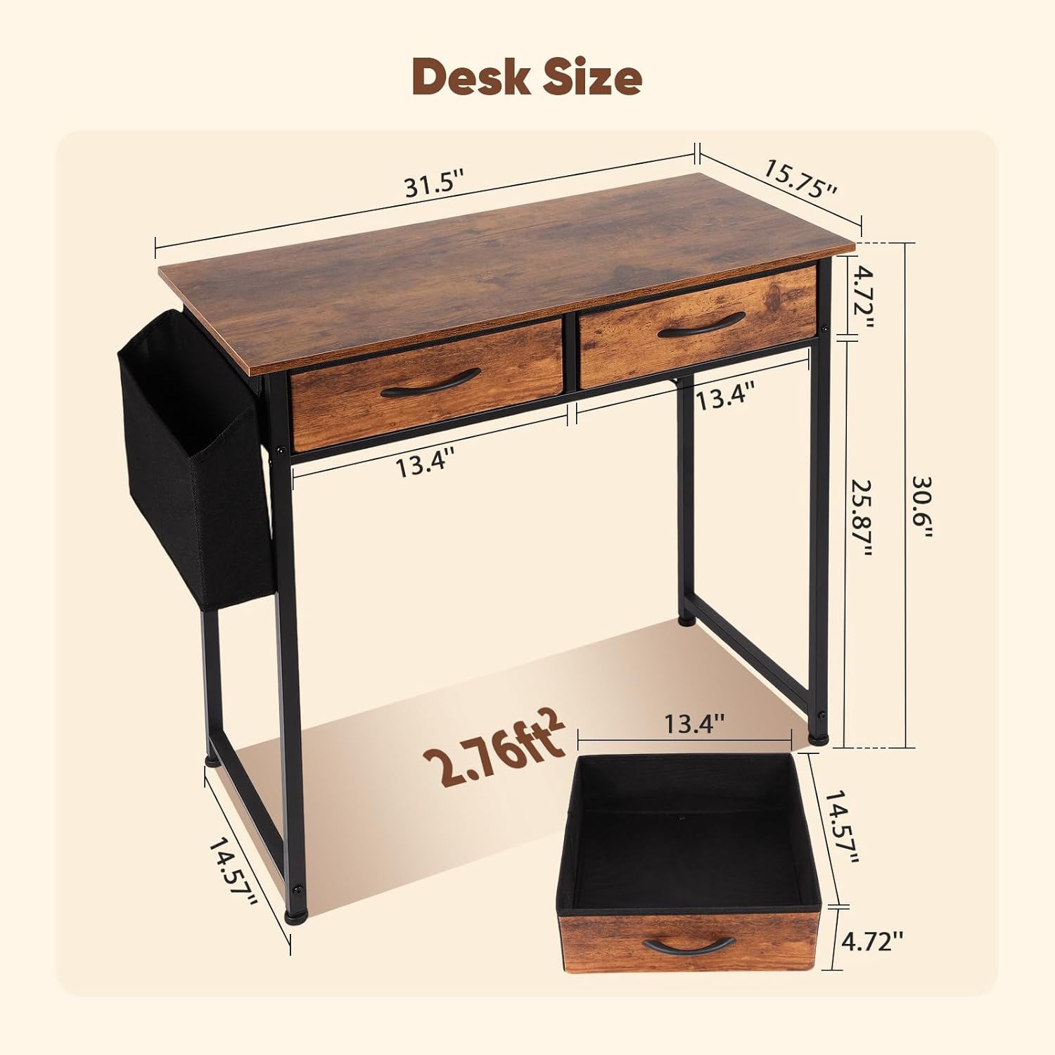 31.5 Inch Small Home Office Desk with 2 Fabric Drawers, Computer Desk with Drawers, Pocket and Hook, Study Writing Table for Small Spaces, Bedroom, Living Room, Brown
