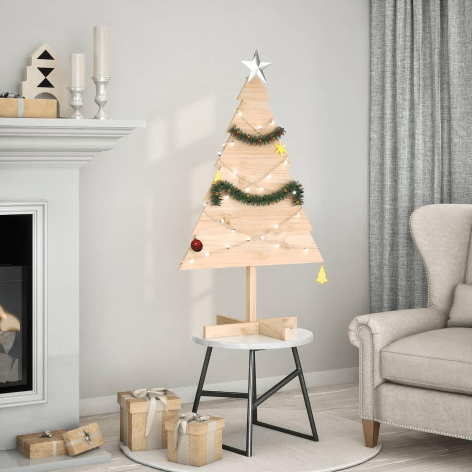 Árbol de Navidad de Adorno Madera Maciza 110 cm de Montaje rápido, para Decoración Navideña de Fiesta en Casa