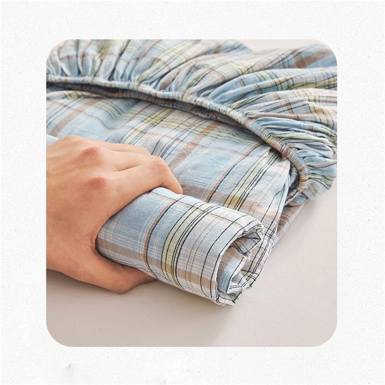 Prześcieradło z gumką w kratę Łóżko 90x200cm do 200x220cm 100% bawełna sprana super miękka i oddychająca o głębokości 25 cm (niebieski, L, 180 x 200 + 25 cm)