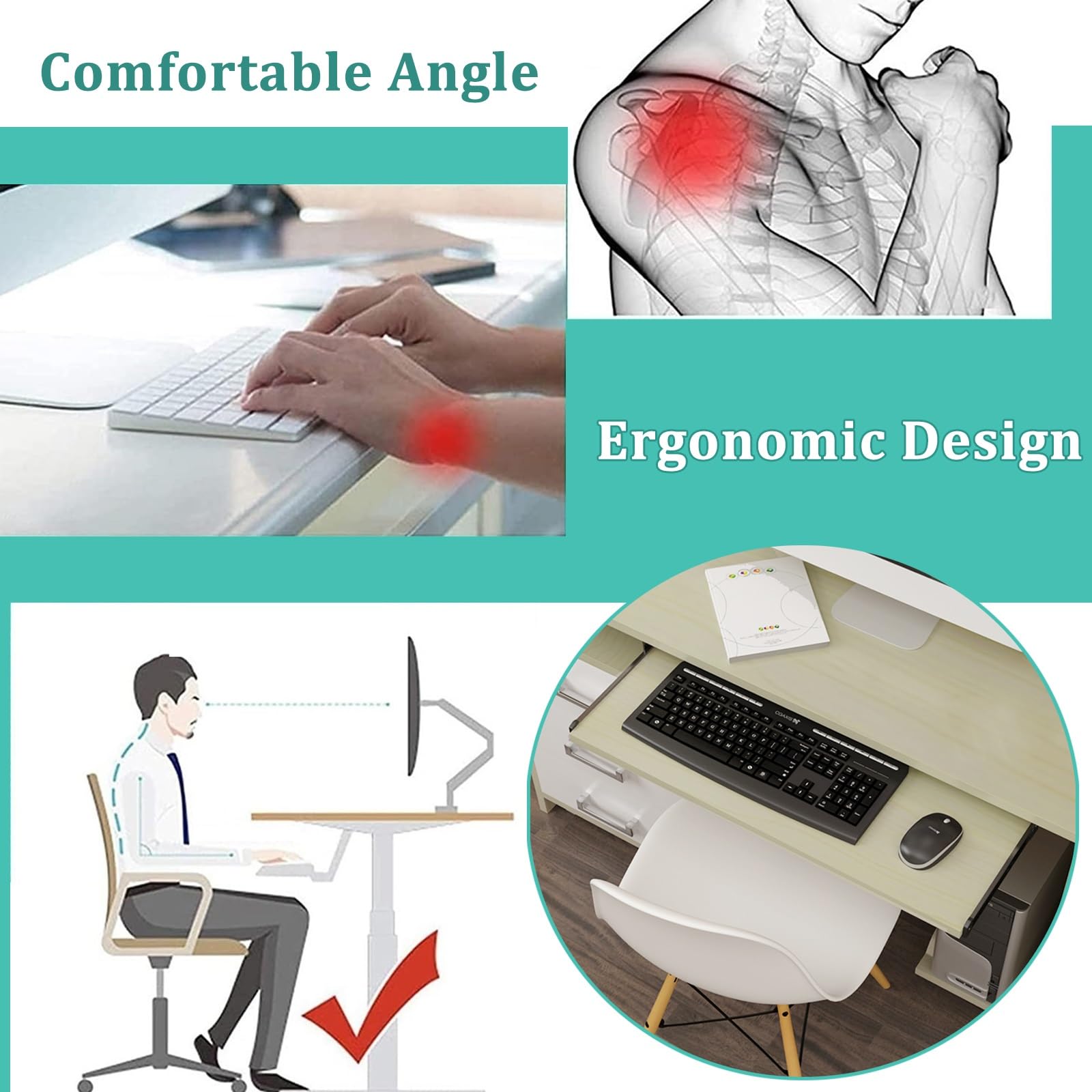 Bandeja de teclado para debajo del escritorio, soporte de teclado de madera, estante extraíble para teclado para oficina en casa, 54 x 27 cm, diseño ergonómico que ahorra espacio para escribir