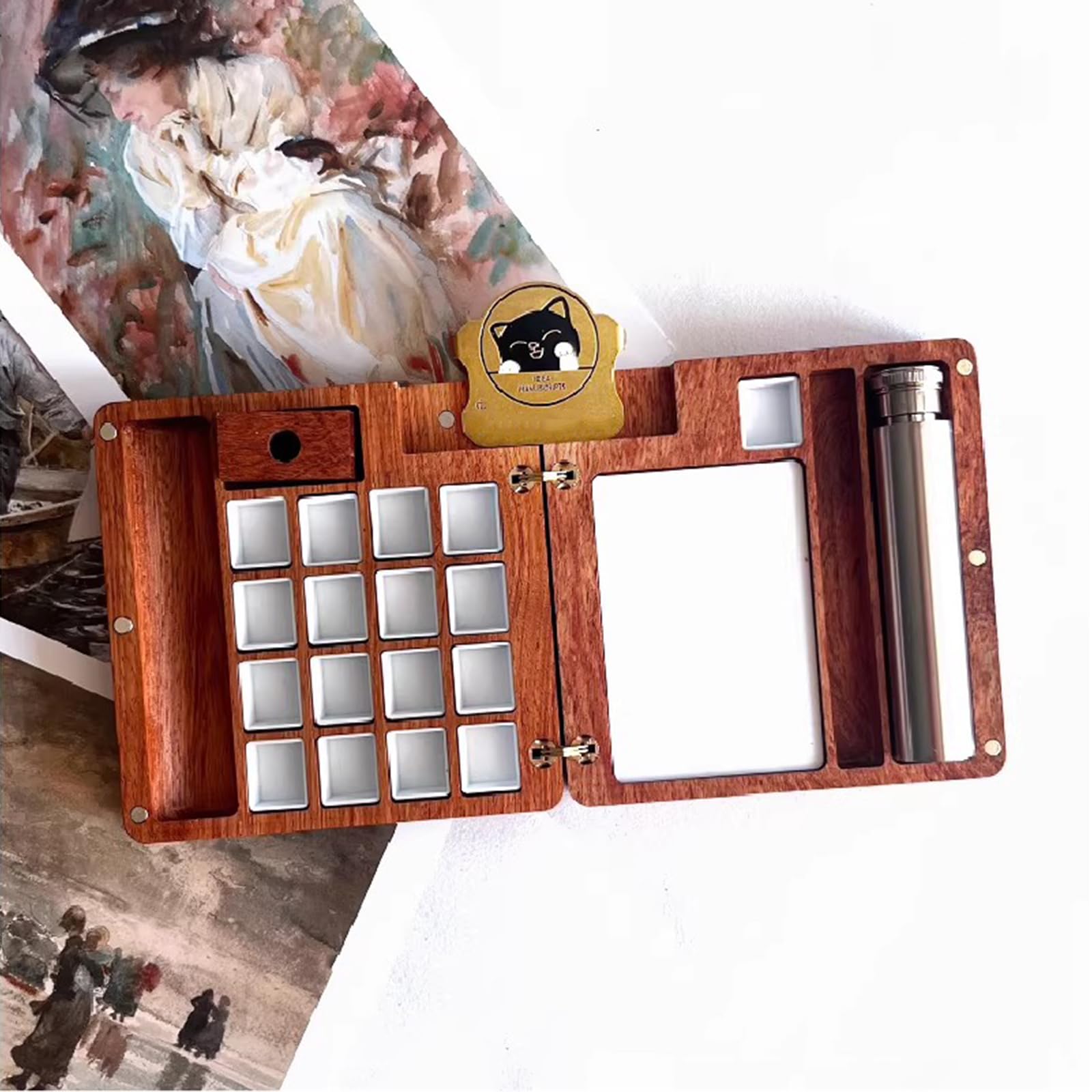 Palette d'aquarelle, mini portable 24 compartiments, boîte en bois de 2 ml avec tasse de lavage, plateau de voyage pour aquarelle, gouache, acrylique, idéale pour les artistes et les étudiants