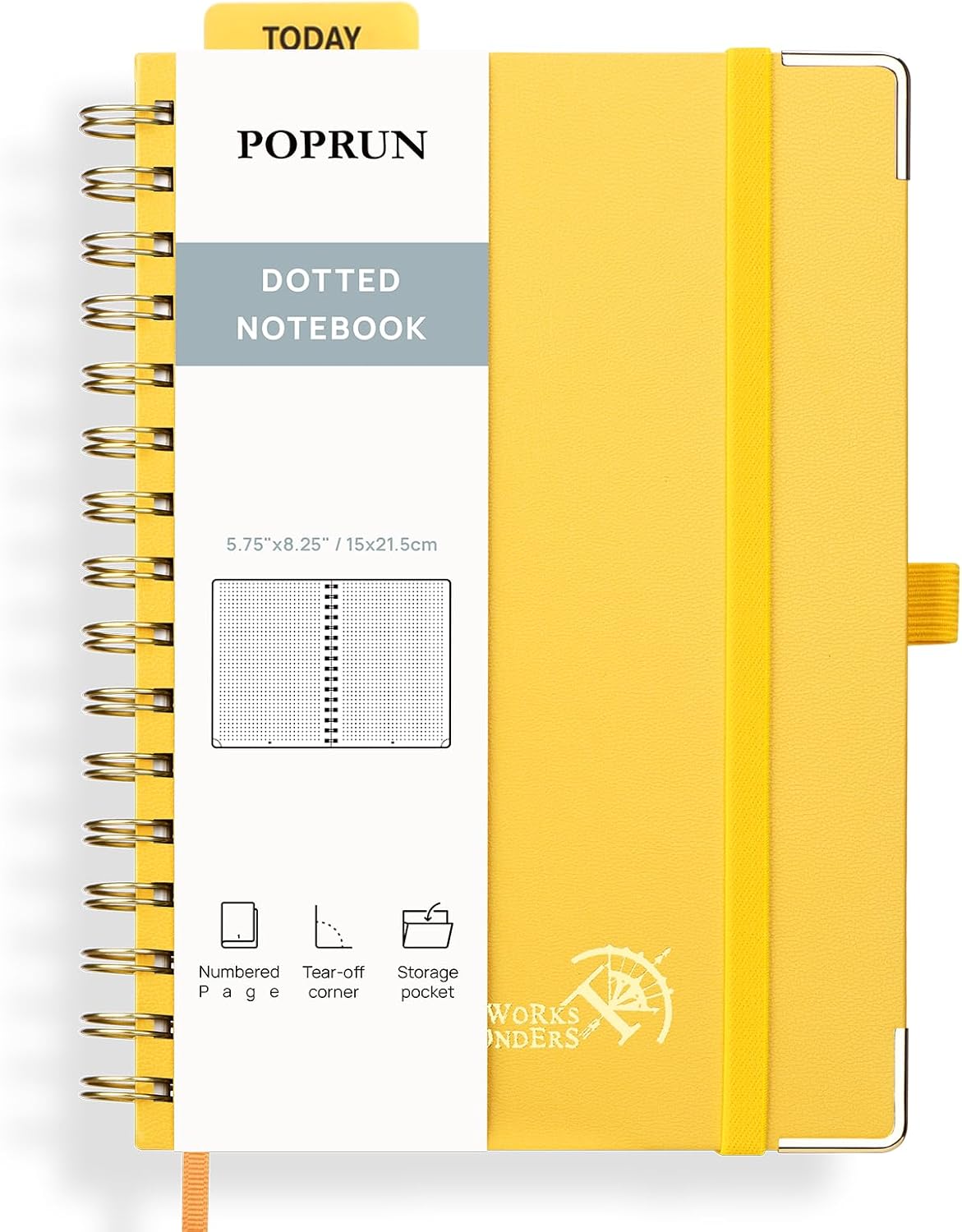 POPRUN Spiral Dotted Journal Notebook, [A5-5.75” x 8.25”] – 120 GSM Thick Paper, 141 Numbered Pages, Hardcover for Men & Women with Pocket, Index Tabs, 8 Perforated Sheets, Light Yellow