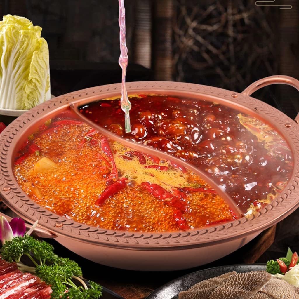 Premium Copper Fondue Pot - 38cm Induct & Gas Catible Hot Pot - Thick Flat-Bottomed Mandarin Duck Design for Commercial & Home Use, Perfect for Parties & Gatherings.