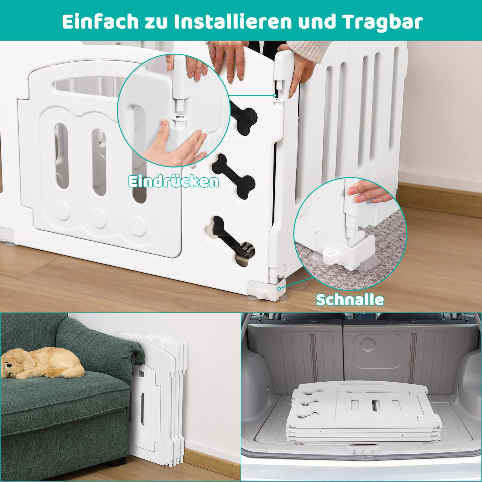 Recinto per Cani da Interno Esterno alto 60cm, Box per Cani 3+1 Pannelli, Recinzione per Cani Pieghevole, Recinto per Gatti in Plastica con Cancello, Incluse Ventose e Ancoraggi a Terra, Bianco