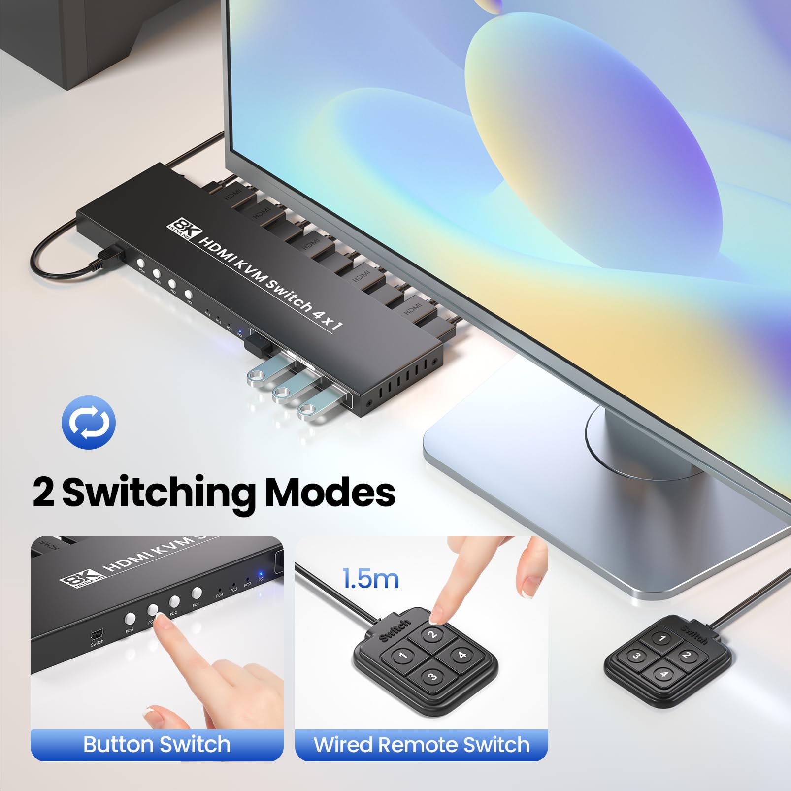 4 Port HDMI KVM Switch 4 PC 1 Monitore, 8K60Hz 4K120Hz USB 3.0 KVM Switches, Steuerung von 4 PCs mit 1 Monitor, Tastatur und Maus