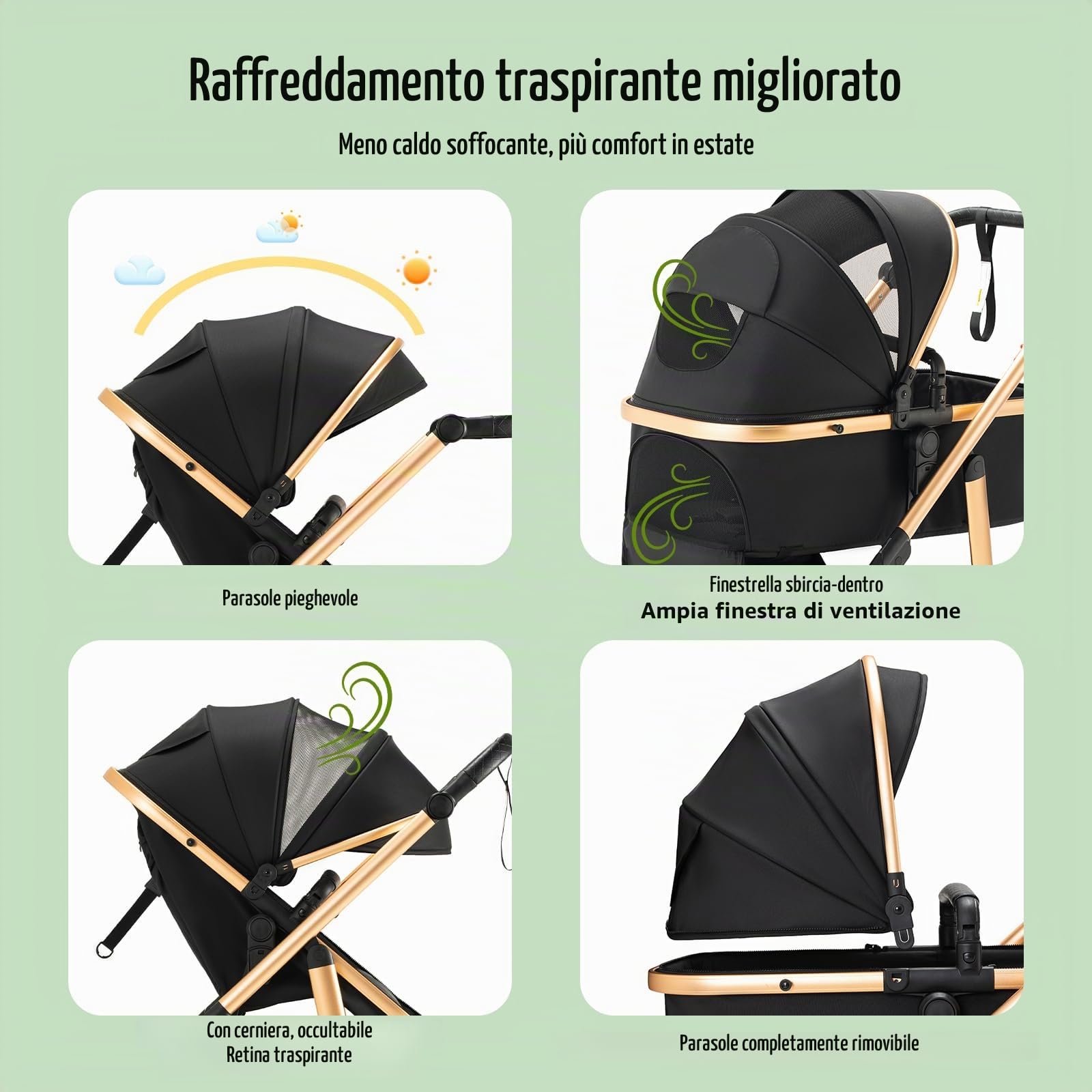 3 in 1 Passeggino per Bambini, Passeggino Combinato, Manico Regolabile in Altezza, Baby Buggy, Carrozza e Sedile Auto con Zanzariera, High Vision Telaio in Alluminio per Neonati(0-4 Anni 22KG)