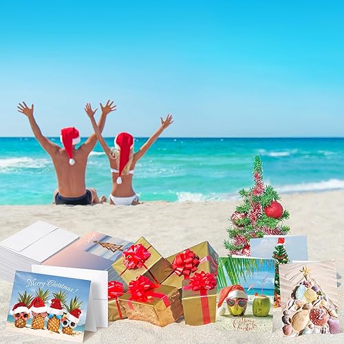 Miniatura 7 de Ctosree 60 juegos de tarjetas de Navidad de playa, surtido a granel, tarjetas de felicitación estilo playa con sobres y calcomanías para suministros