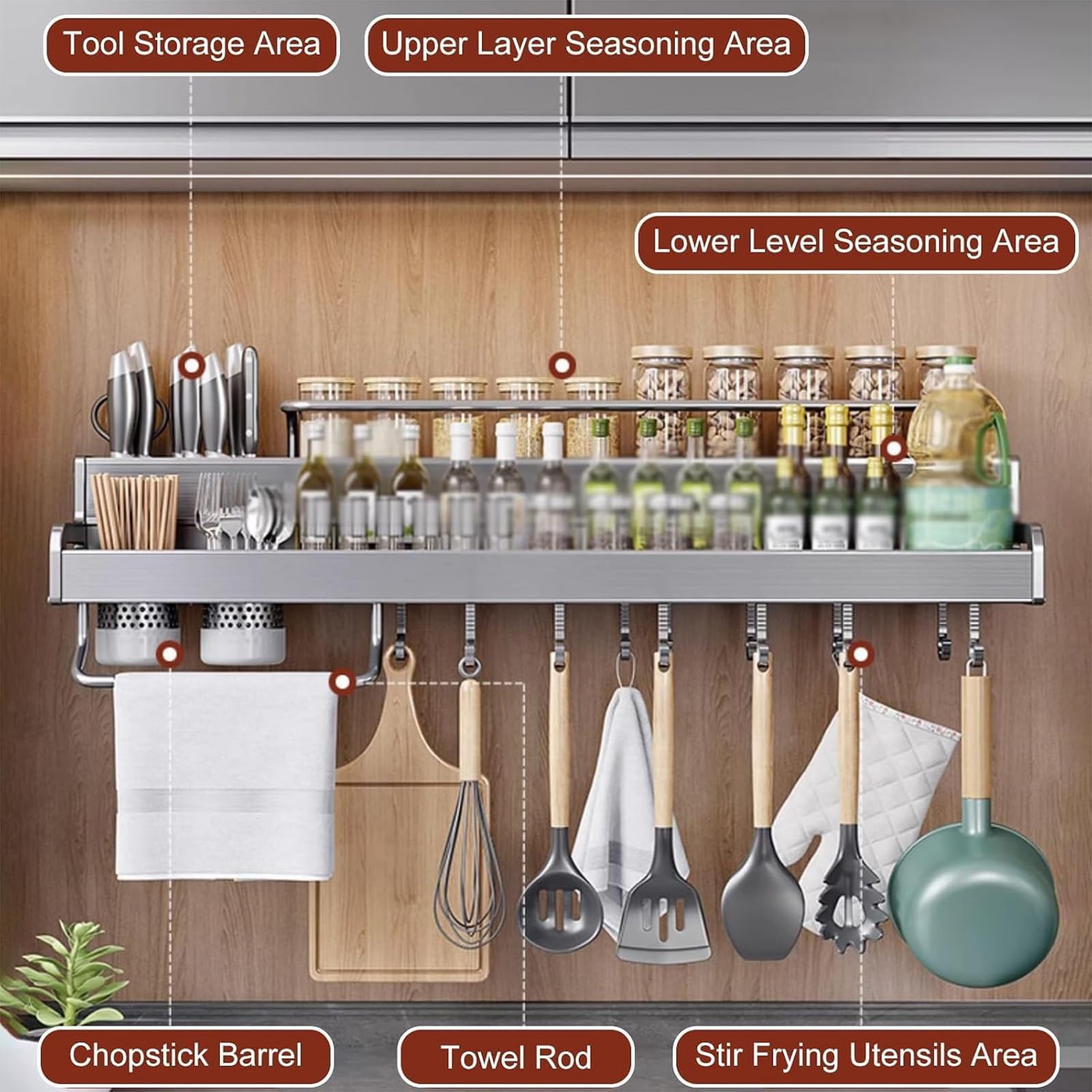 Organizador de Especias de Metal con Soporte para Utensilios y Ganchos para Toallas de Papel, Estante de Especias montado en la Pared, para Especias y Botellas de condimentos,A,L40cm