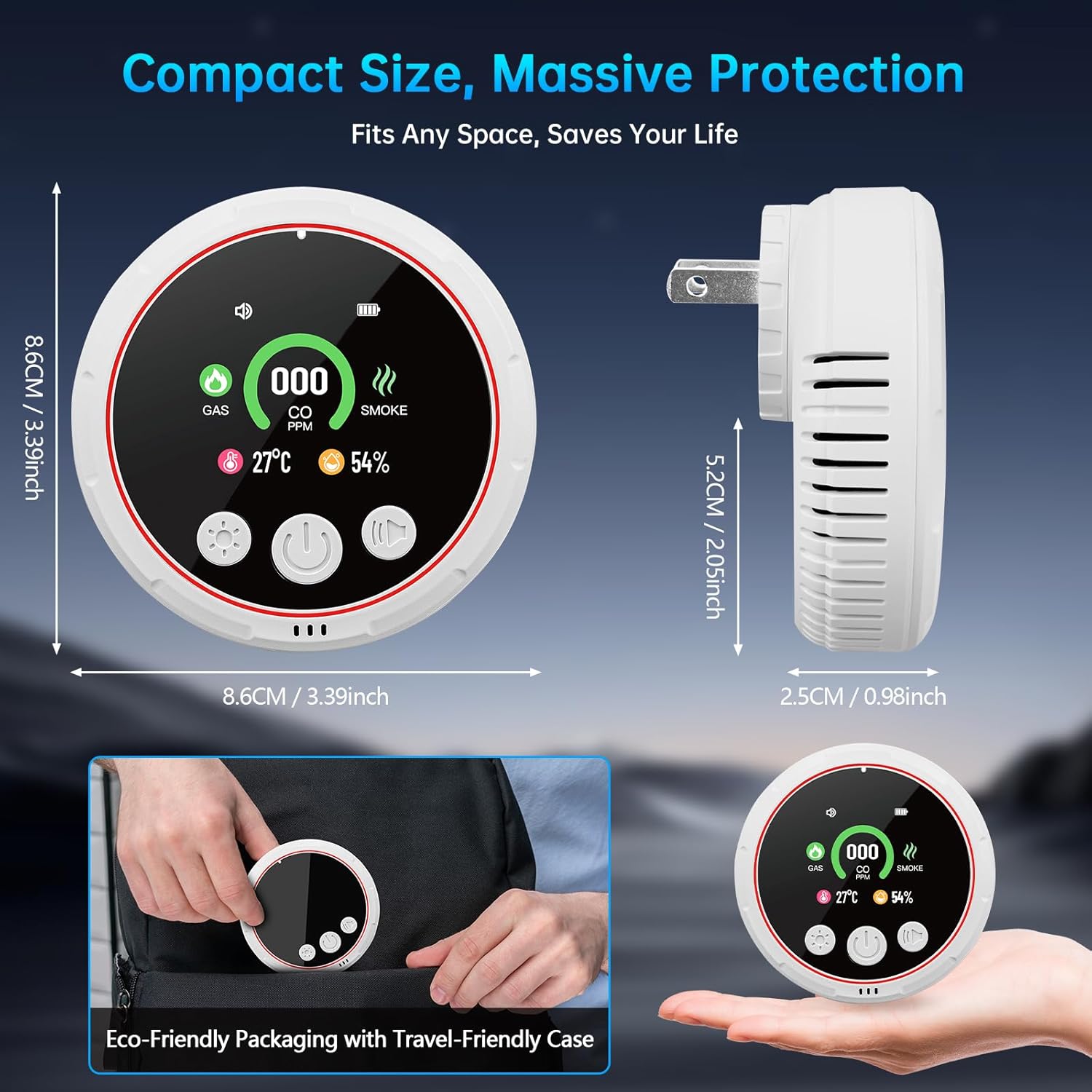 5-in-1 Carbon Monoxide Detectors，Portable Carbon Monoxide Detectors for Travel | Natural Gas Detector with Temp, Humidity Display | Carbon Monoxide Detector Plug in Wall (1 Pack) - Image 9
