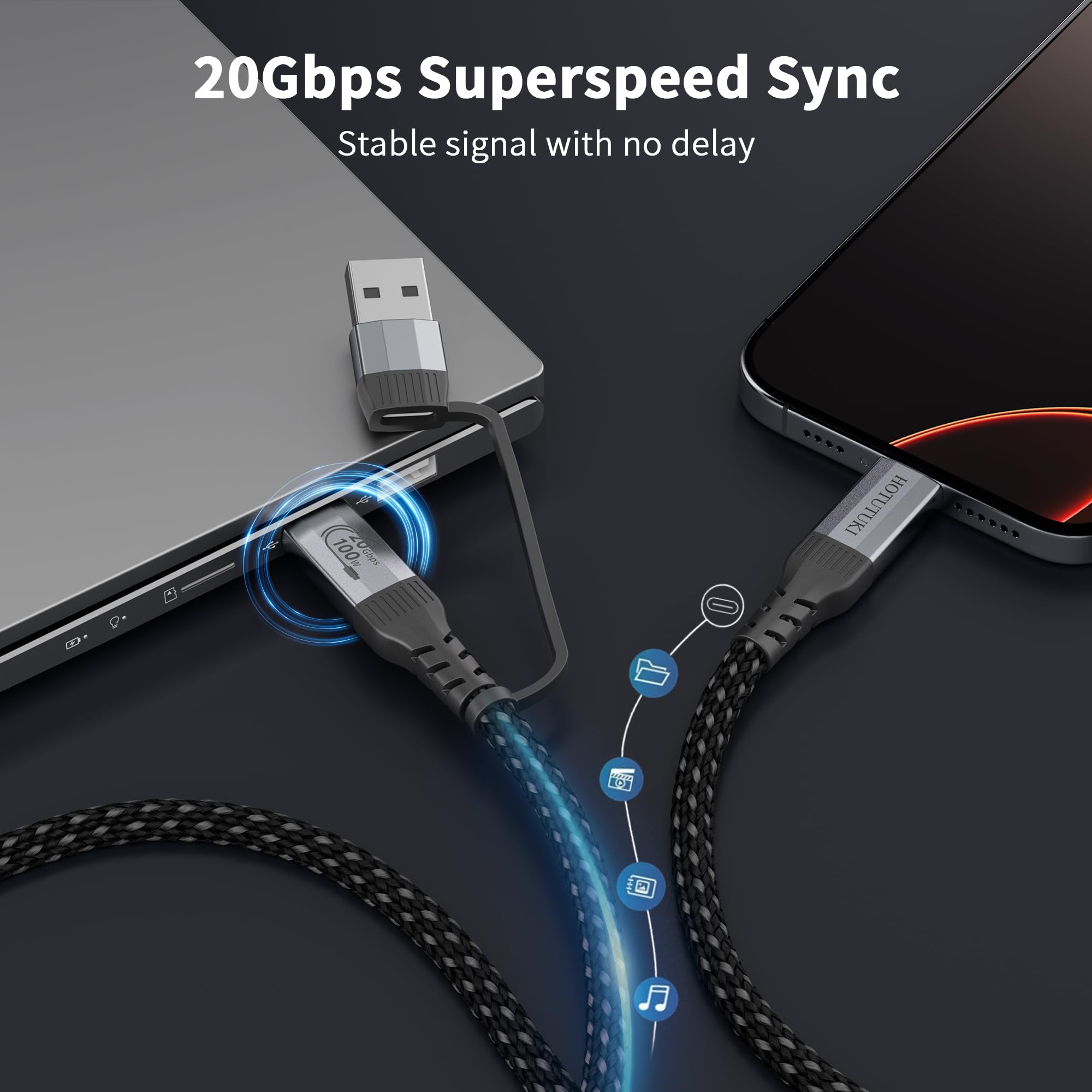 Cavo USB C lungo（5 metri+5 metri） Multifunzione 2 in 1, Cavo USB A a Type C USB 3.2 Gen 2x2 20Gbps, Trasferimento Dati, Video UHD 4K@60Hz, Ricarica Rapida, Compatibile con android auto