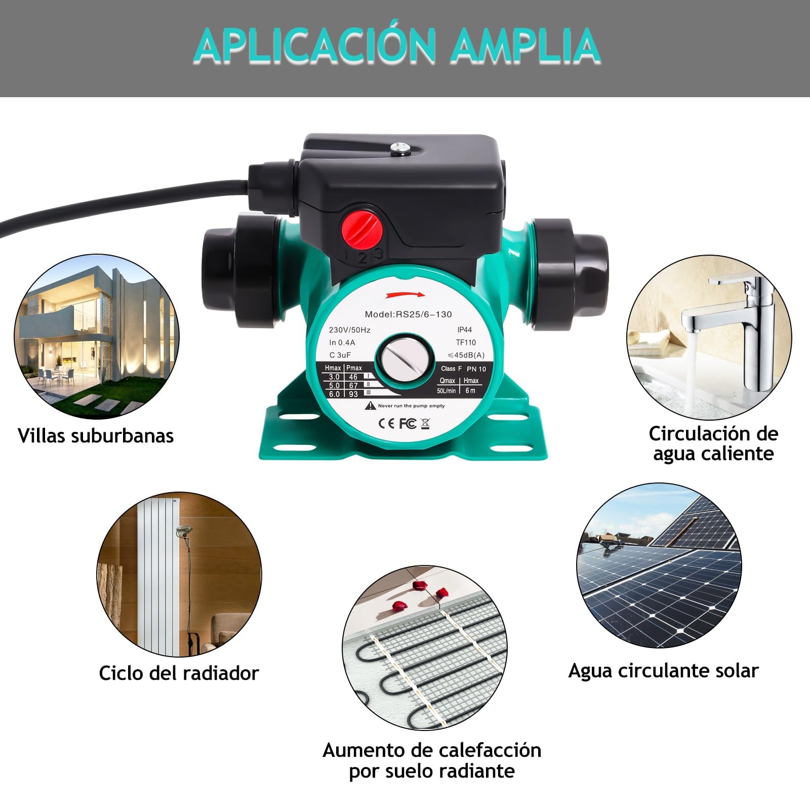 Bomba de Circulación de Agua Caliente RS25/6-130, RS25/6-1½" Bomba de Agua de Trasvase Doméstico, 46/67/93W Bomba de Refuerzo de Presión Poweka