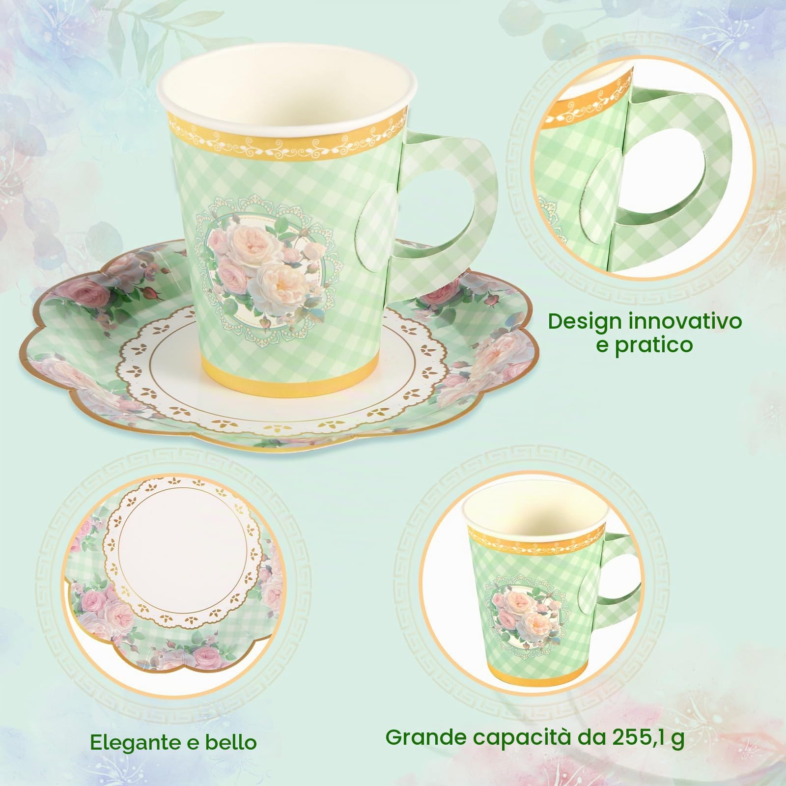 120pz Talking Tables Tazze, Set di Stoviglie Usa e Getta 60 Tazze da tè in Carta con Manico 60 Piattini in Pizzo Stoviglie Floreali per Feste per Ragazze Forniture per Tea Party