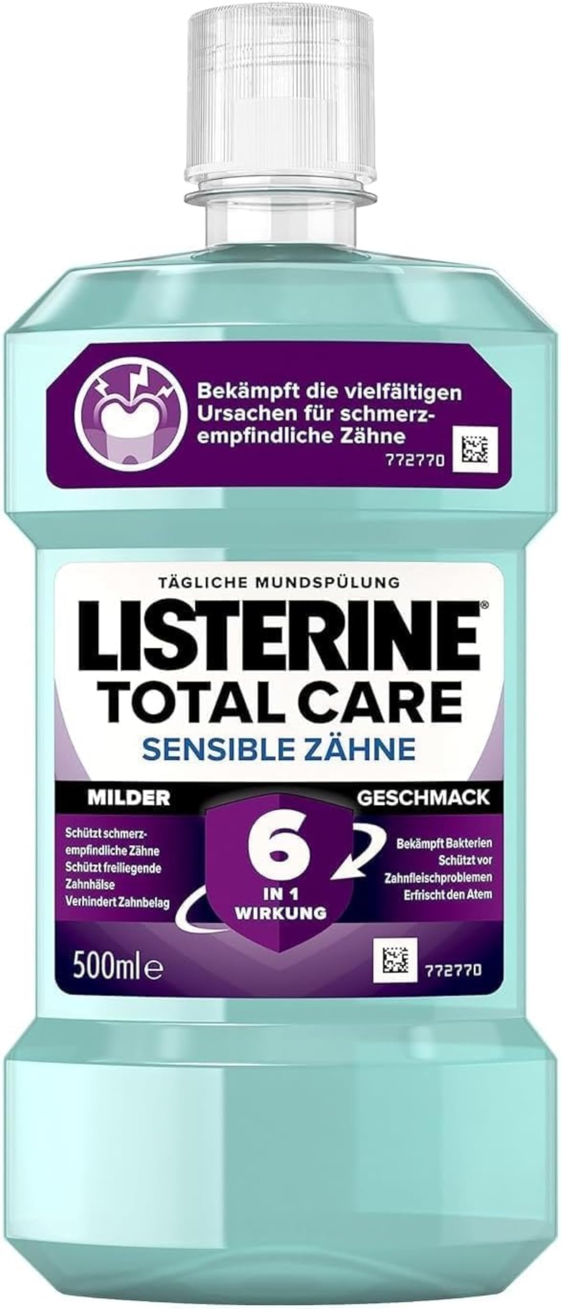 LISTERINE Total Care Sensible zęby (500 ml), antybakteryjny płyn do płukania jamy ustnej dla wrażliwych na ból zębów o działaniu 6 w 1, łagodny płyn do płukania jamy ustnej chroni przed problemami z