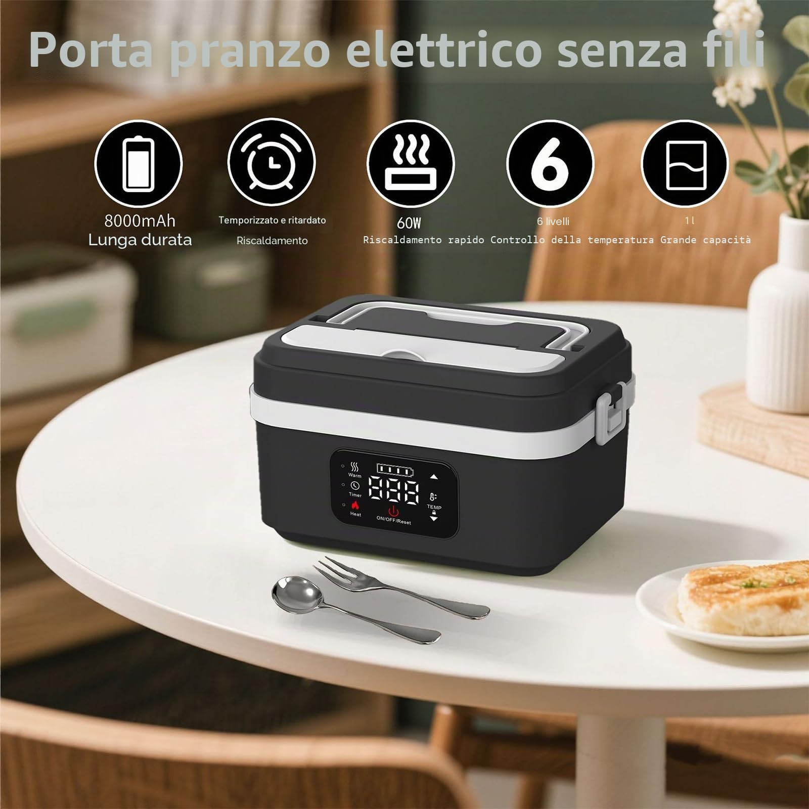 Ciotola riscaldante con batteria, 1L rimovibile in acciaio inossidabile, lunch box riscaldante con riscaldamento programmabile, lunch box elettrica ricaricabile per viaggio, ufficio, scuola, auto (B)