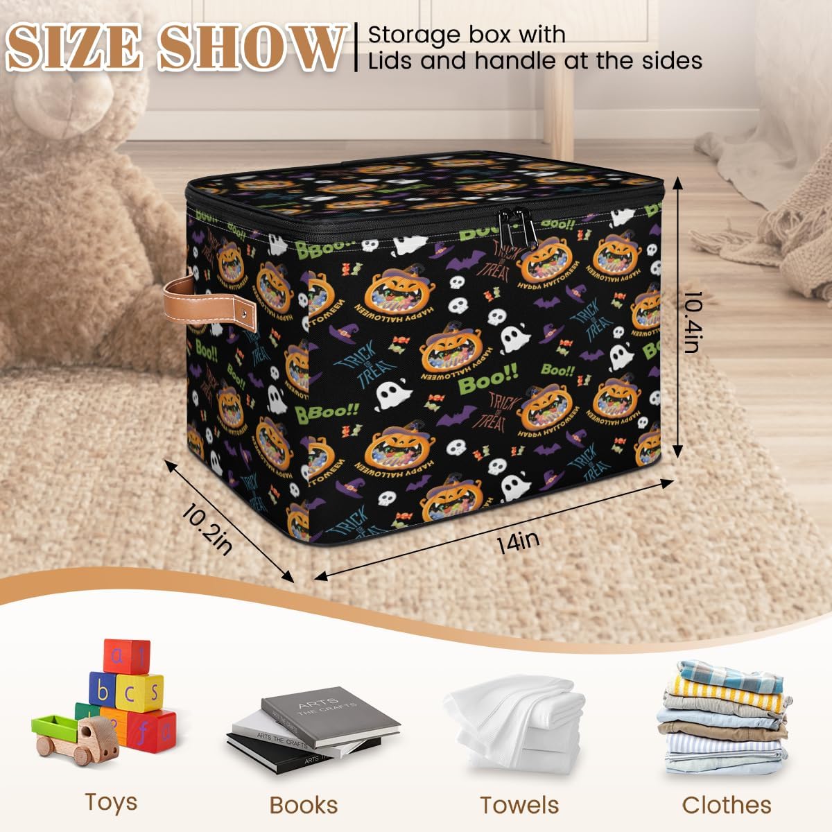 Storage Bin Set of 2 Halloween Pumpkin Candy Storage Basket with Zipper Lid & Handle Foldable Closet Shelf 2 Pack Cloth Organizer Basket Cube Bins Clothes Organizer for Bedroom, Nursery