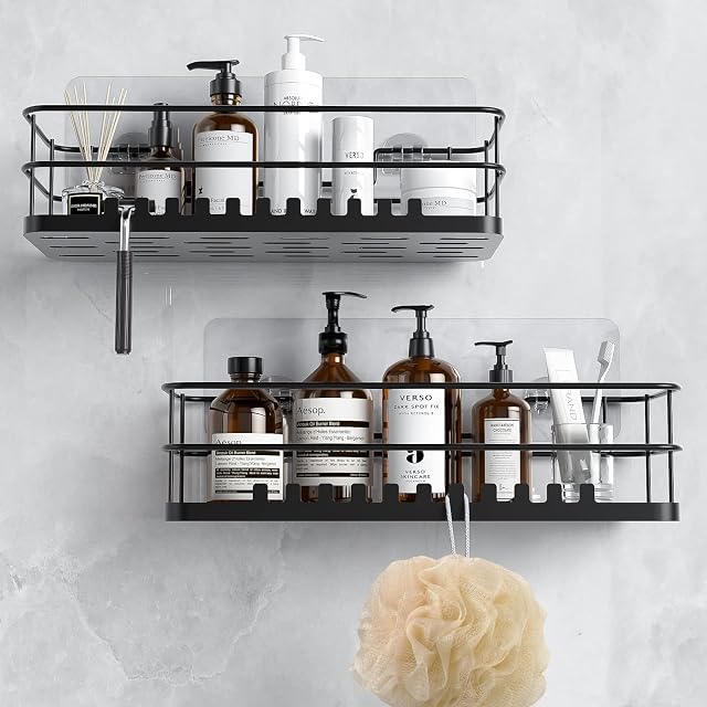 Luxear Shower Basket, Non-marking Sticker Shower Caddy with 22 Hooks Rack Powerful Vacuum Bathroom Hanging Shelf for Shampoo, Conditioner, Soap, Razor Accessories Kitchen Home Storage Container-2 Pack
