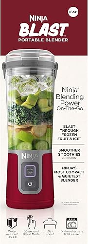 Miniatura 9 de Ninja Blast - Licuadora portátil personal de 16 onzas, rojo arándano (BC100CR) - Recargable USB-C, tapa fácil de sorber a prueba de fugas,