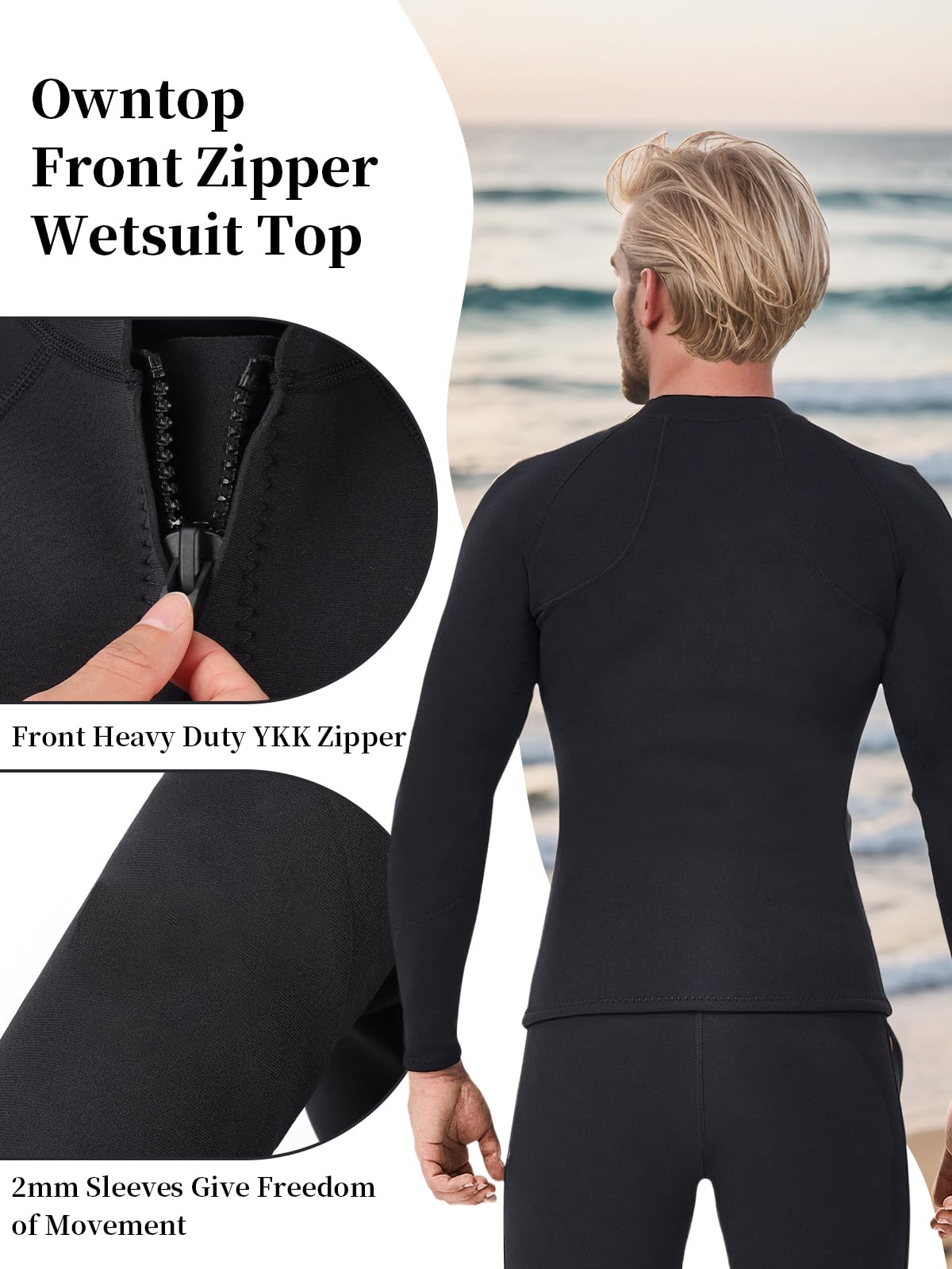 Owntop Giacca da Muta per Uomini/Donne - Top Muta in Neoprene 2mm a Maniche Lunghe con Zip Frontale per Immersioni Surf Snorkeling Nuoto