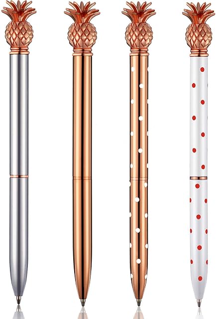dorisdoll 4 Pack Ballpoint Pen Stainless Steel Writing Pens with Metal Pineapple Black Ink for School Office Supplies Rose Gold White Gifts
